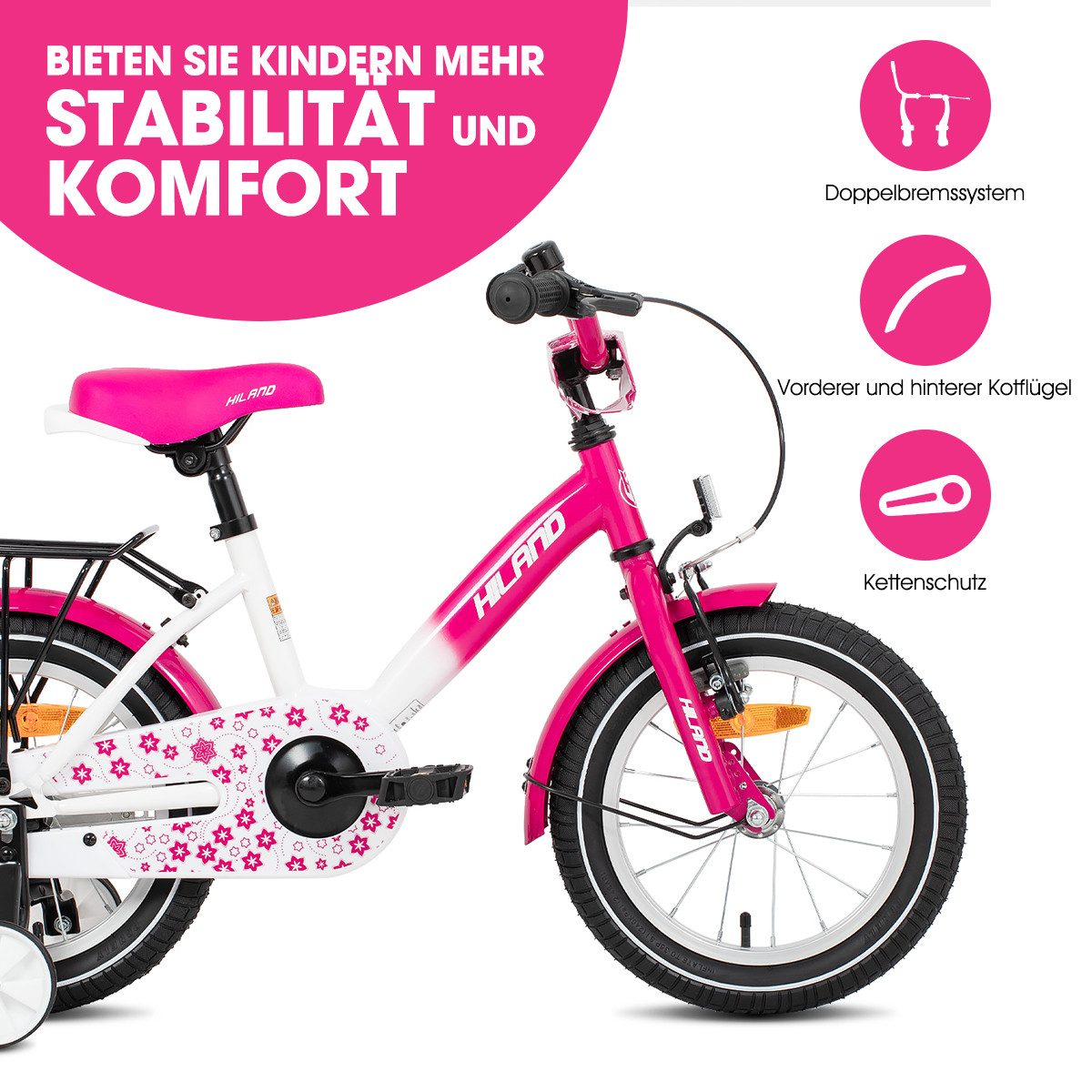 HILAND Kinderfahrrad Starry 12/14/16 Zoll Mädchenfahrrad, 1 Gang, Mit Handbremse, Rücktrittbremse, Gepäckträger, Kotflügel, Hilfsrad