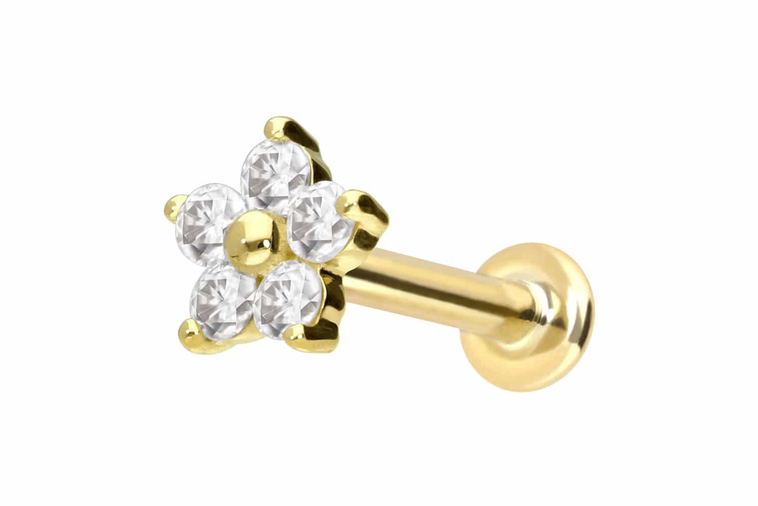 PIERCINGLINE Piercing-Set 14 Karat Gold Labret mit Innengewinde MOISSANIT-BLUME (Labrets, 1-tlg)