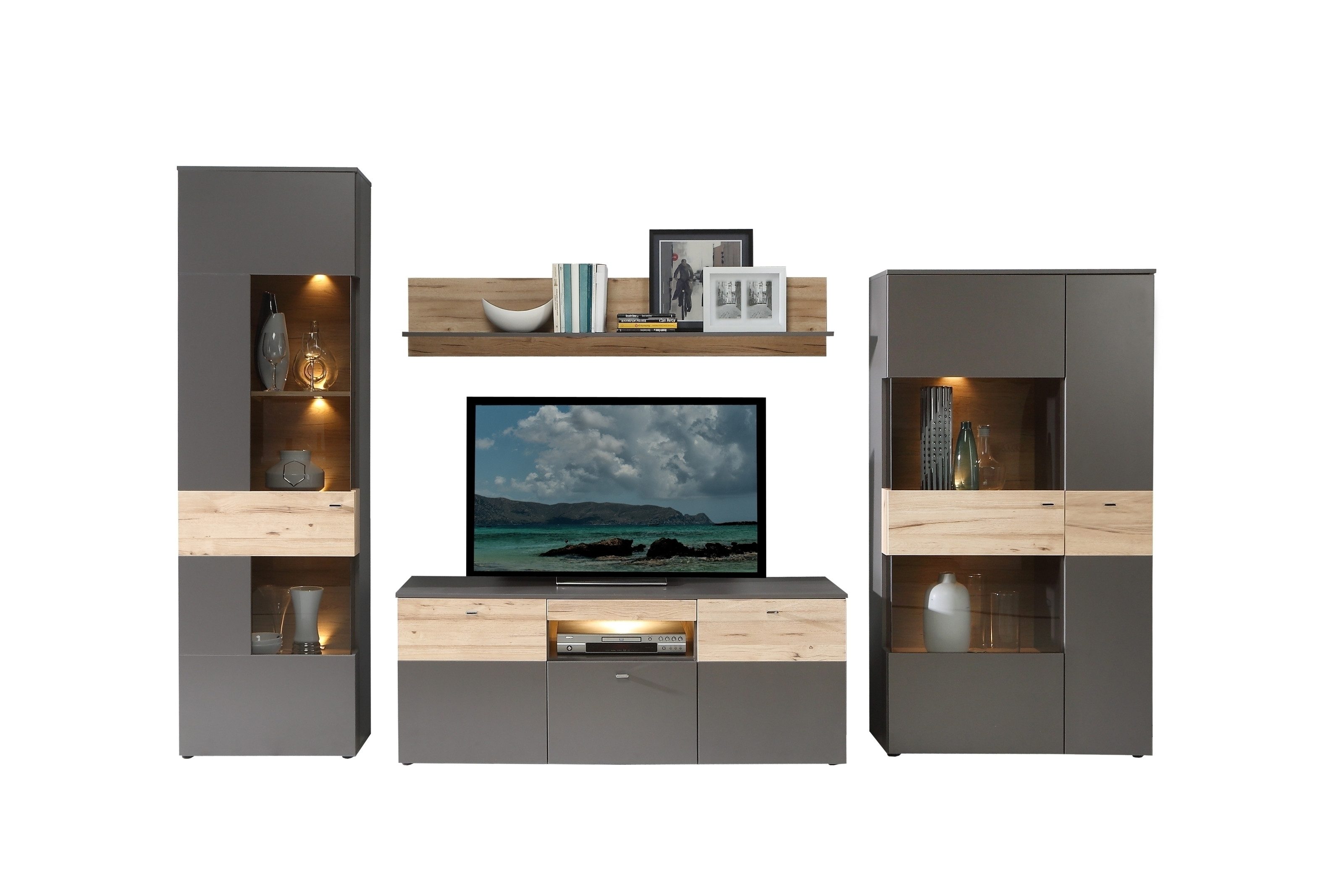 freiraum Wohnwand COMO, Grau/ Planked Eiche Dekor inkl. Beleuchtung - 319,3x203,3x52cm (BxHxT)