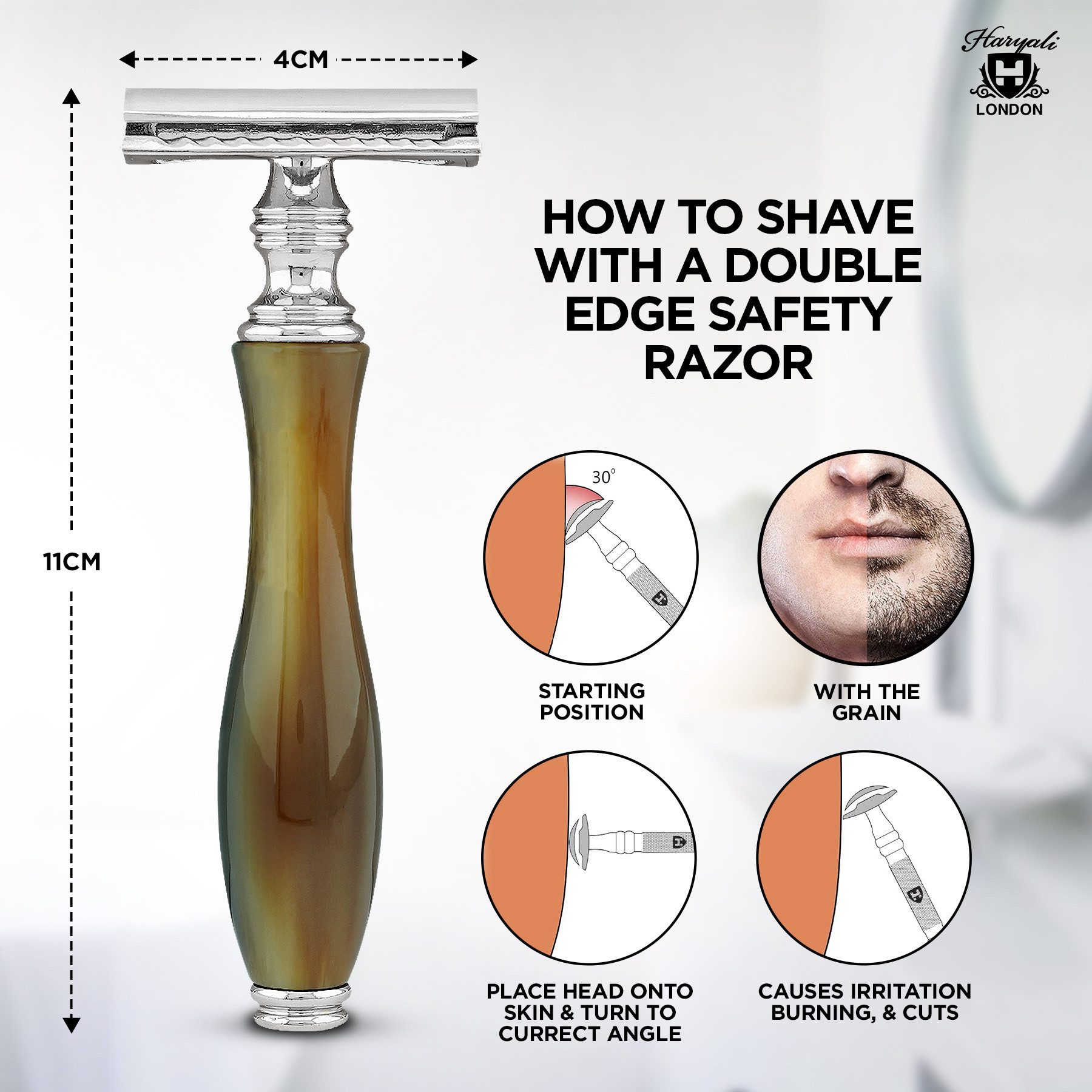 Haryali London Nassrasierer Der Rasierhobel für Damen und Herren, Hornimitat, Resin-Griff, Packung, Rutschfester, verstellbarer Nassrasierer aus hochwertigem Messingharz, Waschbarer, rutschfester glänzender Holzgriff, bestes Rasierergebnis