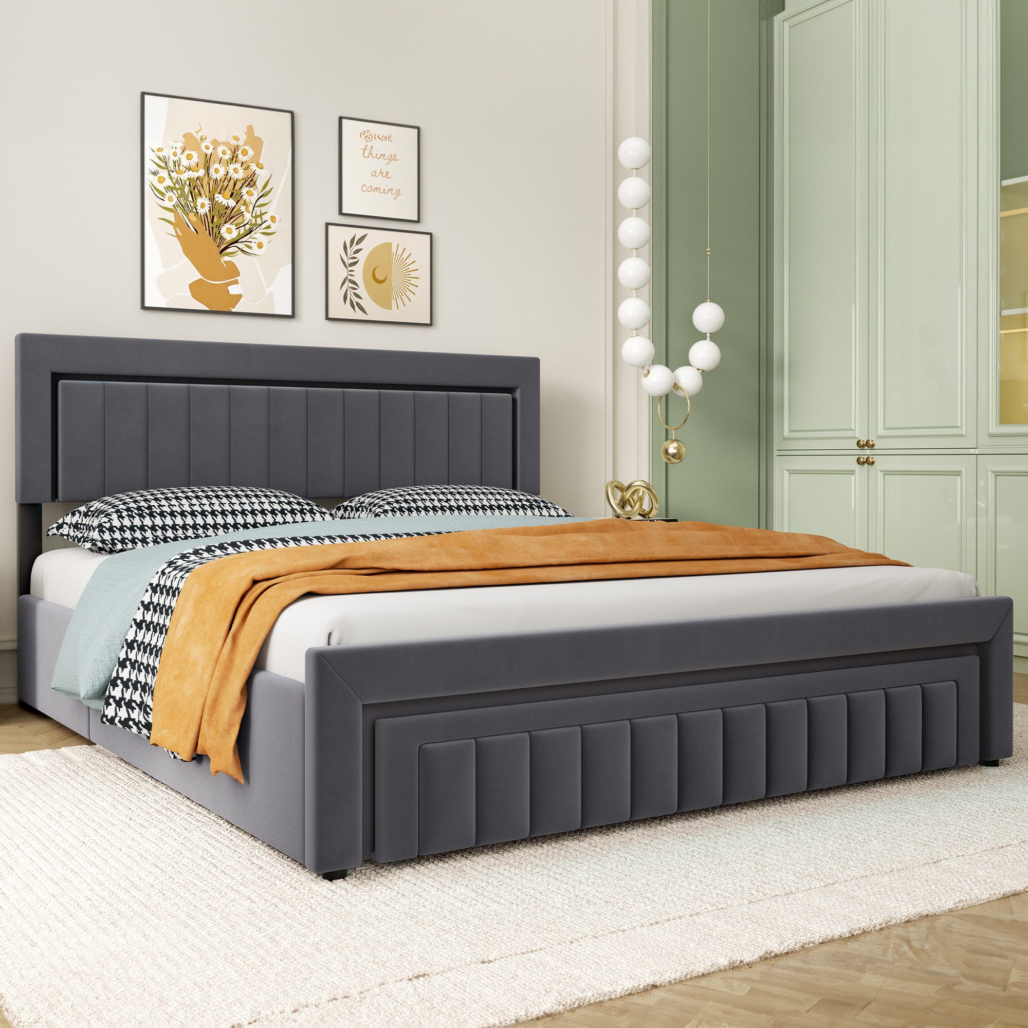 HAUSS SPOLE Polsterbett als Einzelbett und Doppelbett erhältlich,Stauraumbett mit Schubladen (180×200 Doppelbett Boxspringbett Jugendbett mit Stauraum und Lattenrostkonstruktion), Funktionbett mit Lattenrostkonstruktion,mit Matratze