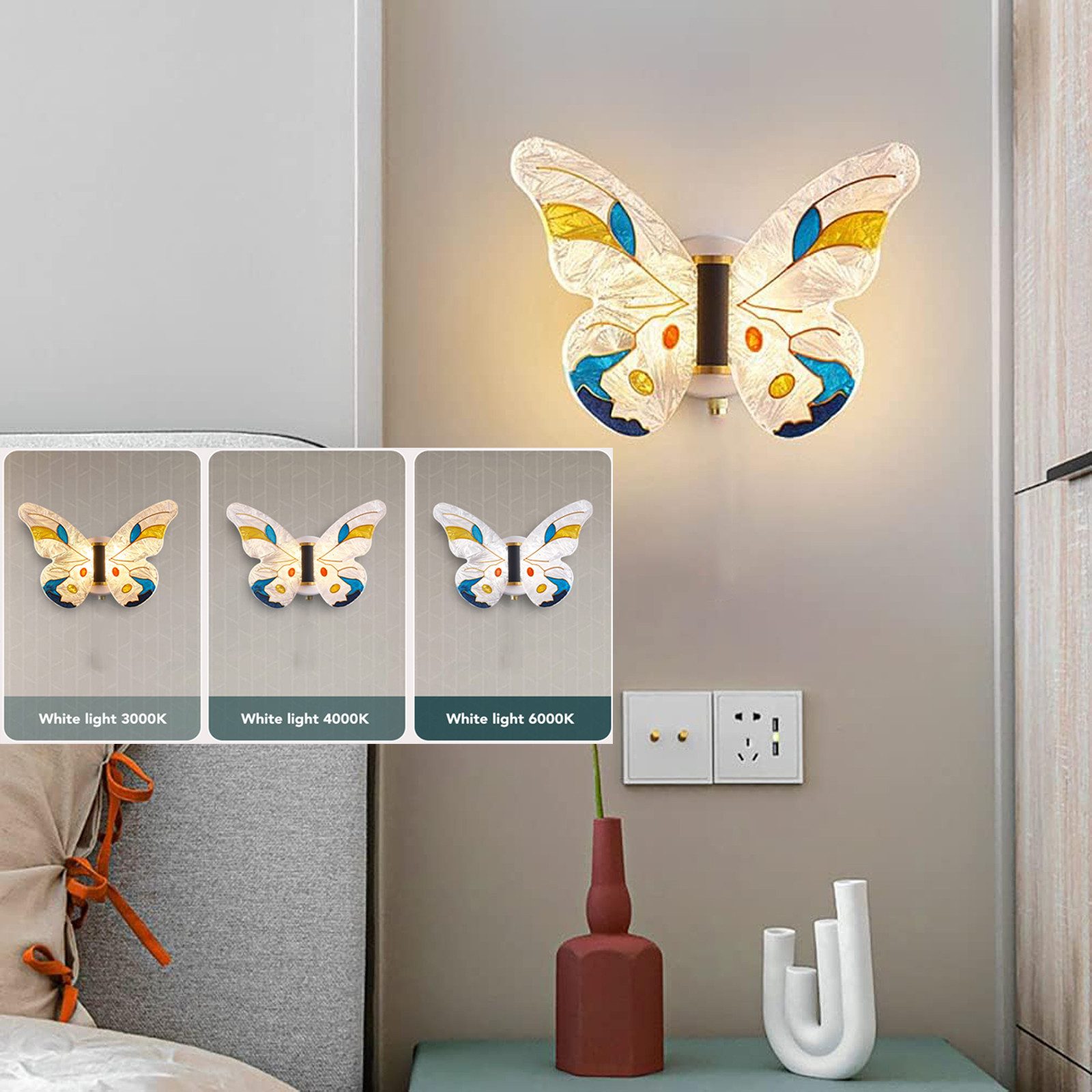 Jibenhome LED Wandleuchte LED-Wandleuchten Dimmbar 3 Farbtem Schmetterlings Wandlampe 8W, Ohne Zugschalter, LED fest integriert, Acryl Wandlampe für Schlafzimmer,Kinderzimmer,Treppen,Flur