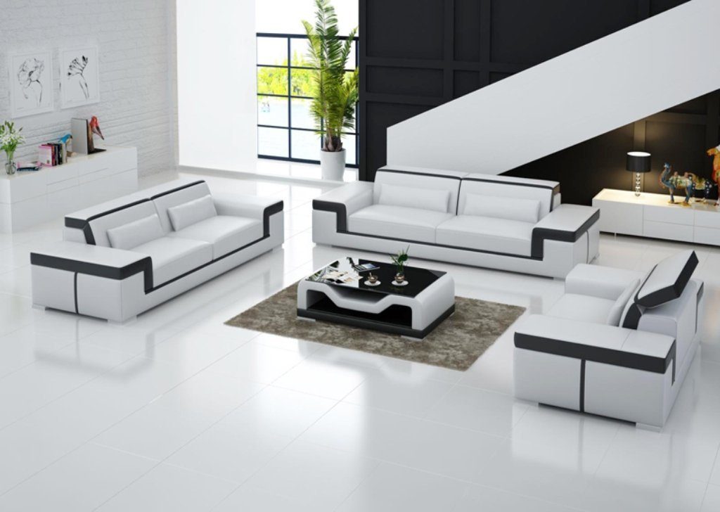 Set Sofa Design Sitzer Europe Sofagarnitur Polster Made JVmoebel Weiß 31 in Leder, Sofa Couchen