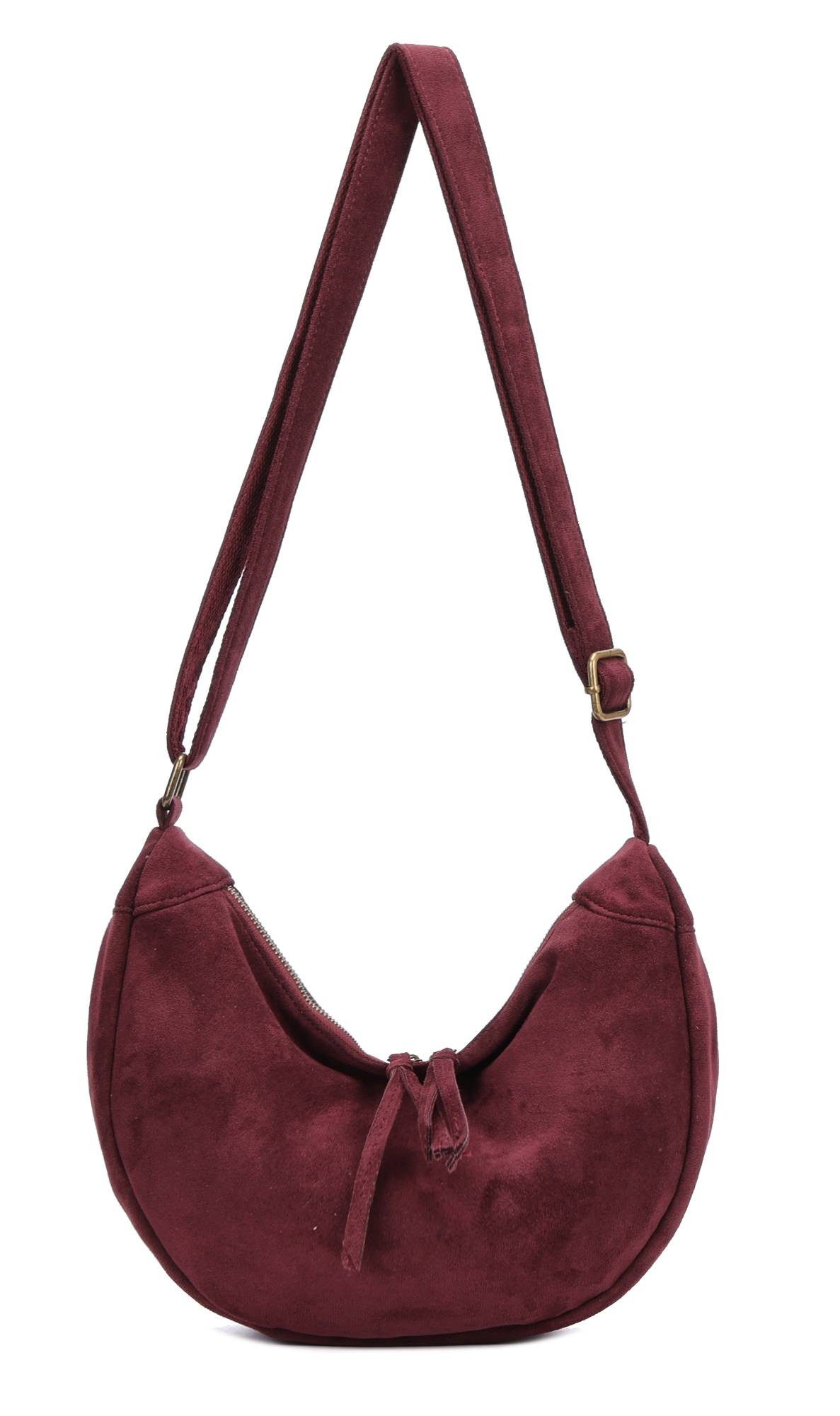 ITALYSHOP24 Schultertasche Damen Tasche MOON Halbmond Cross Over Body Bag Umhängetasche Suedette, Tragekomfort Hüft Brust Bauch Gürtel Rücken Slingtasche Wildlederoptik