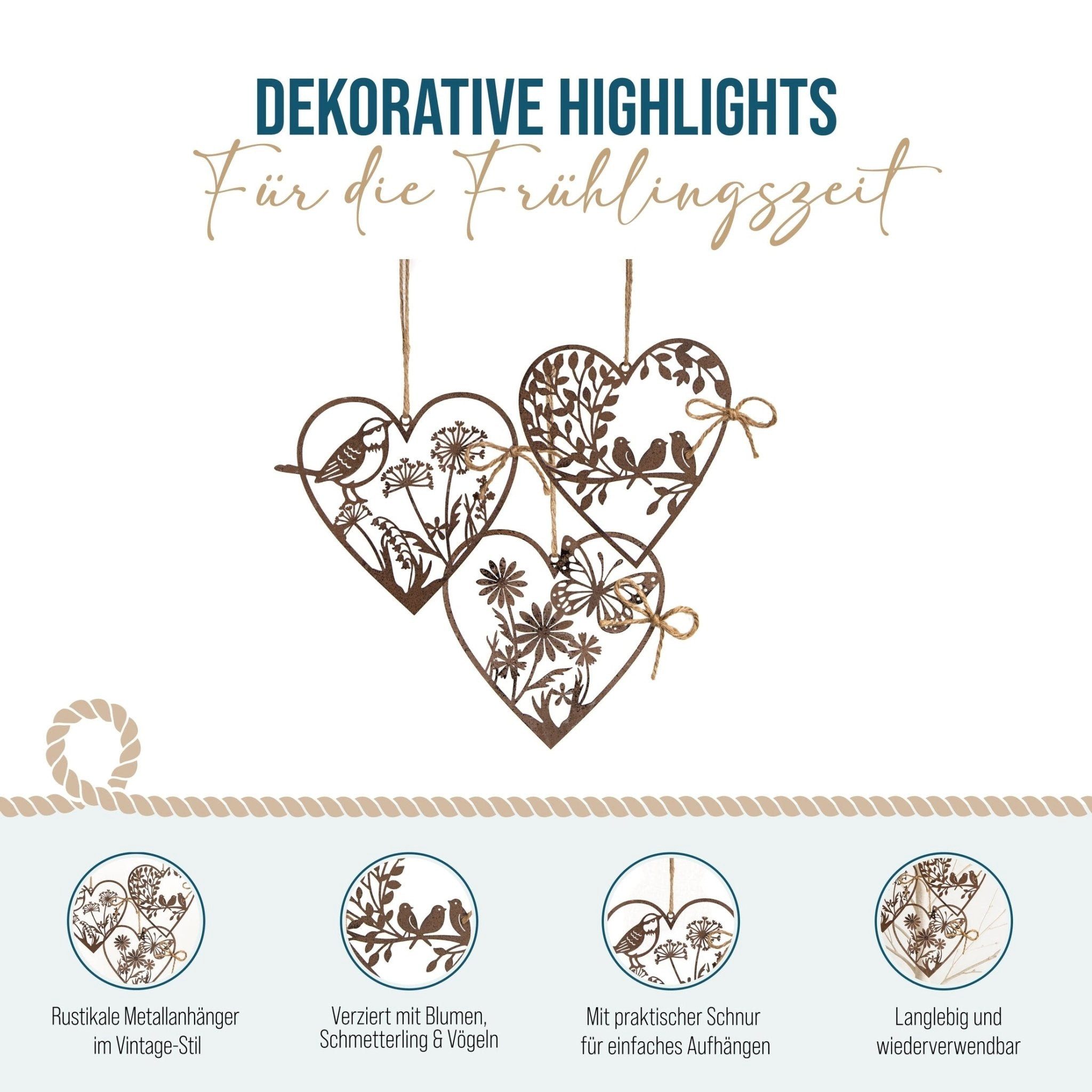 Logbuch-Verlag Dekofigur 3 rostige Metallherzen zum Aufhängen Rostbraun Frühling Osterdeko 11,5