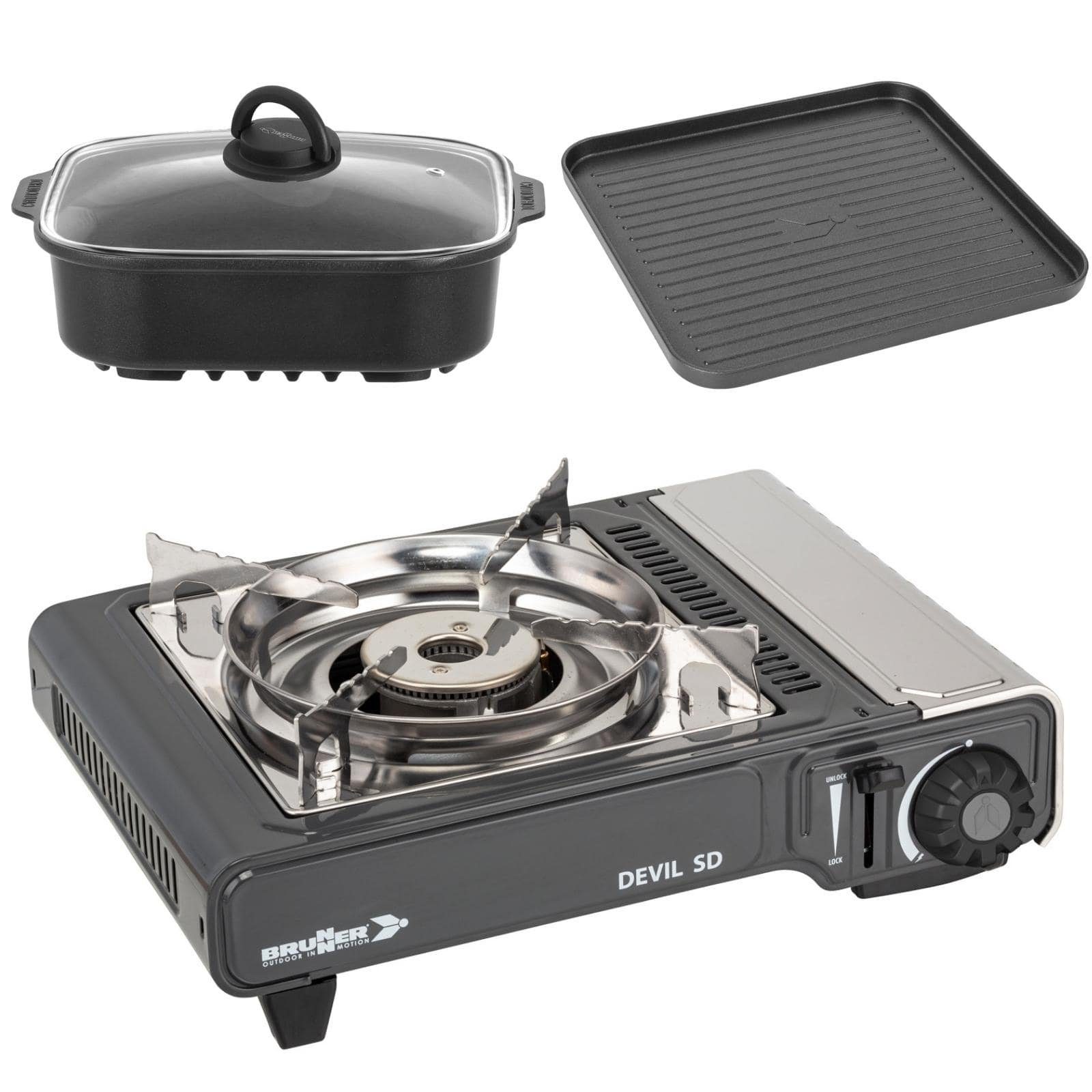 BRUNNER Gaskocher BRUNNER DEVIL SD NG Camping Gaskocher Set Zündsicherung, Vielseitig, (Gaskocher + Grillplatte + Alu-Kasserolle)