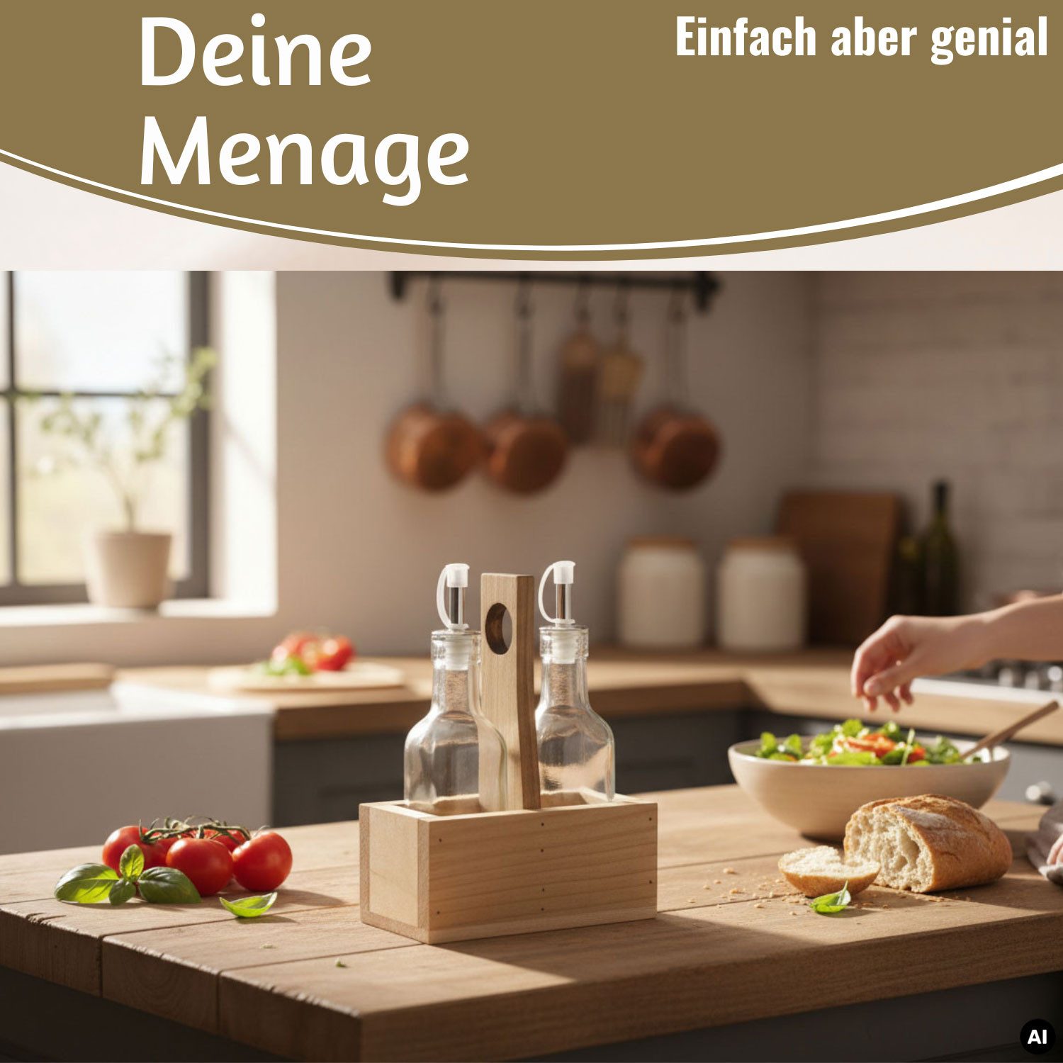 LS-LebenStil Menage-Set Holz Menage Essig- und Ölspender Set 2x Ölflasche Ausgießer Olivenöl V, (Holzständer mit Griff Ausgießer Olivenöl Speiseöl Vinaigrette Ölflasche, 3-tlg., 2x Glasflaschen 200ml), Fundholz - jede Menage ist ein Unikat