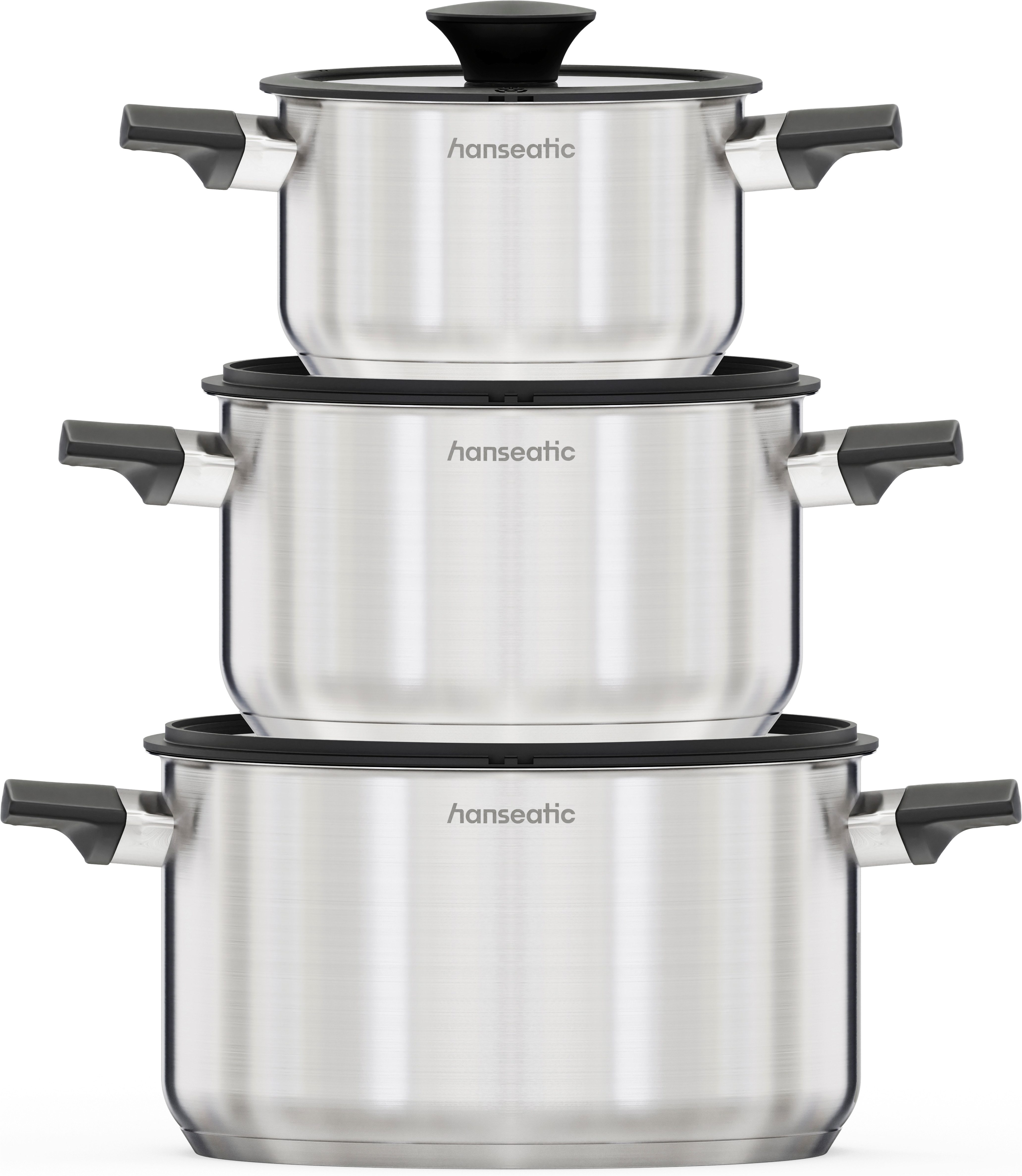 Hanseatic Topf-Set SMART, Edelstahl 18/10 (Set, 6-tlg., Kochtopf 16/20/24 cm), für alle Herdarten geeignet, unbeschichtet