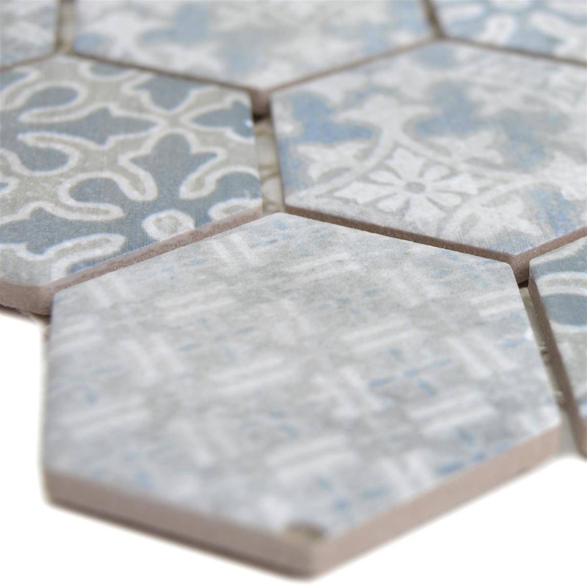 Mosafil Mosaikfliesen Keramikmosaik Retro Fliesen Lawinia Hexagon, Keramik 28.100x32.500, grau-blau, Verlegefertig auf ein Netz geklebt - Frostsicher - Wasserfest