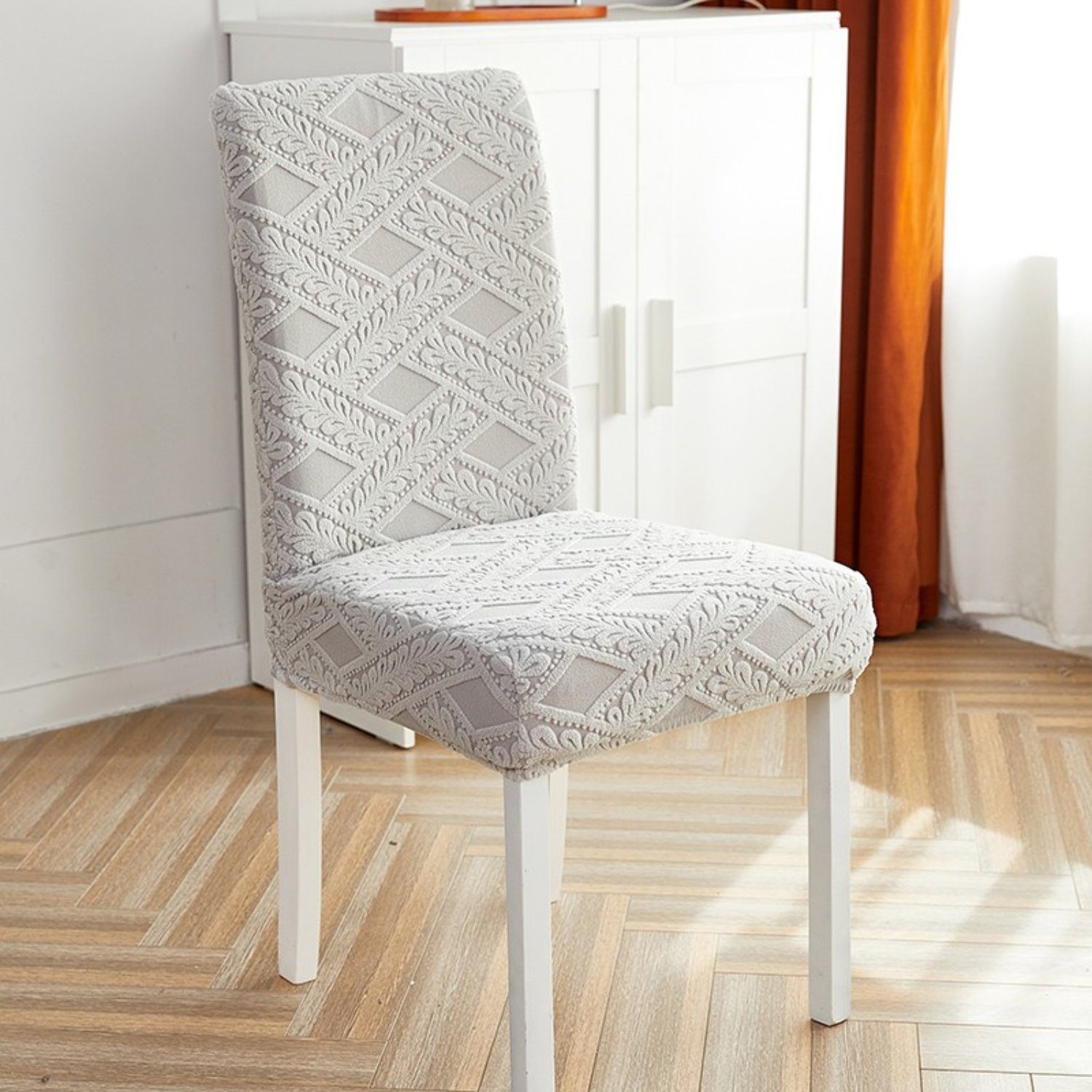 Stuhlhusse, Stuhlschutz Rattan-Muster Stretch-Jacquard, Hellgrau HOMEIDEAS,