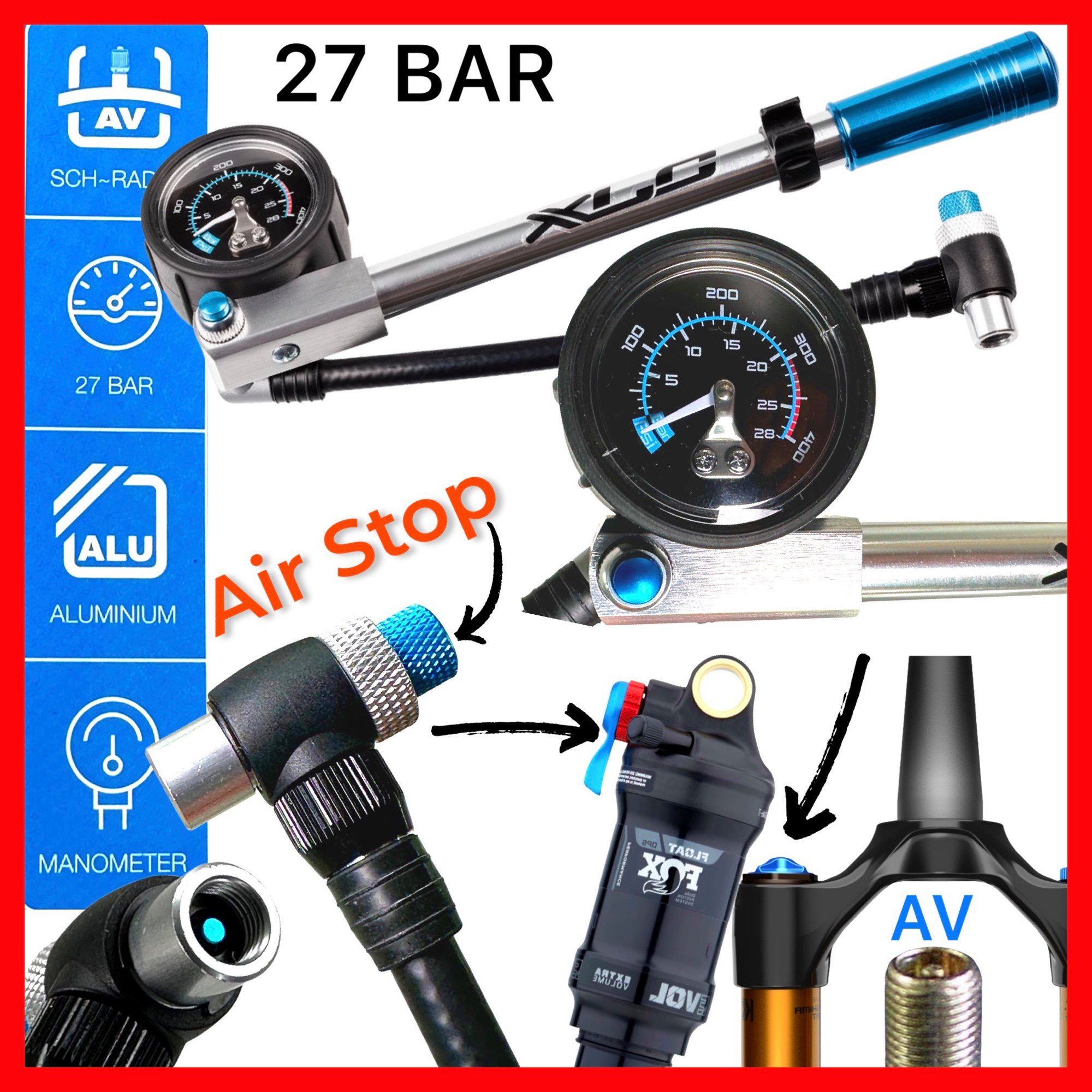 XLC Fahrradpumpe Fahrrad MTB Ebike Hochdruck Federgabel / Dämpferpumpe Auto Ventil