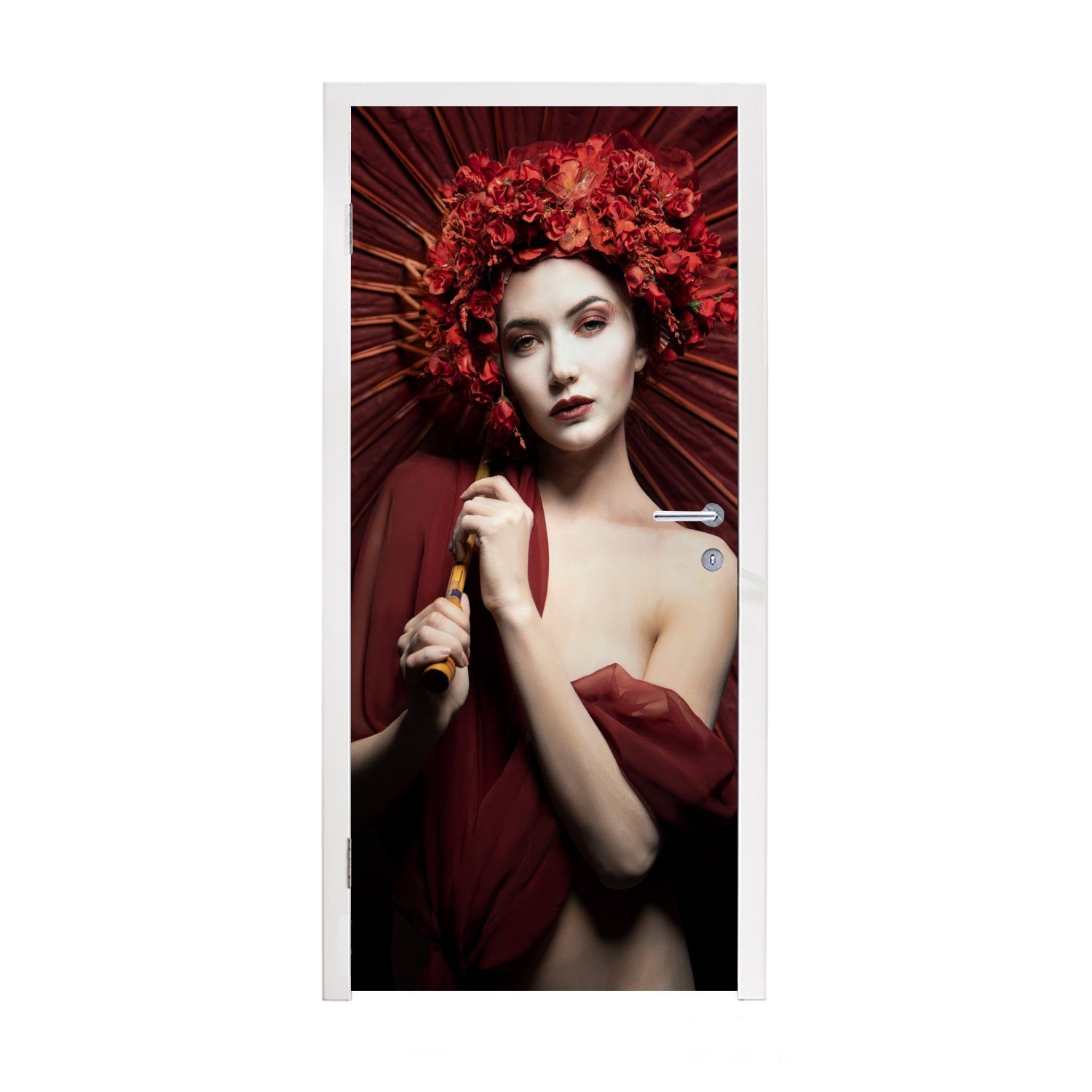 MuchoWow Türtapete Frau - Rot - Porträt - Regenschirm, Matt, bedruckt, (1 St), Fototapete für Tür, Türaufkleber, 75x205 cm