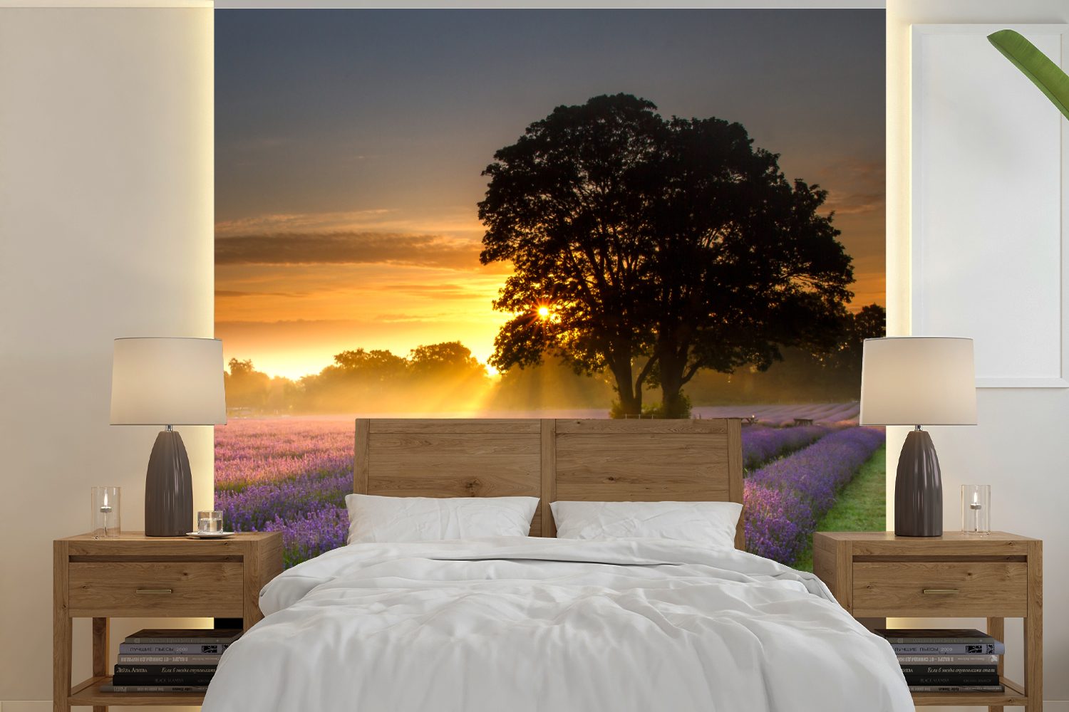 MuchoWow Fototapete Maifeld-Lavendelfelder bei nebligem Sonnenaufgang, Matt, bedruckt, (5 St), Vinyl Tapete für Wohnzimmer oder Schlafzimmer, Wandtapete