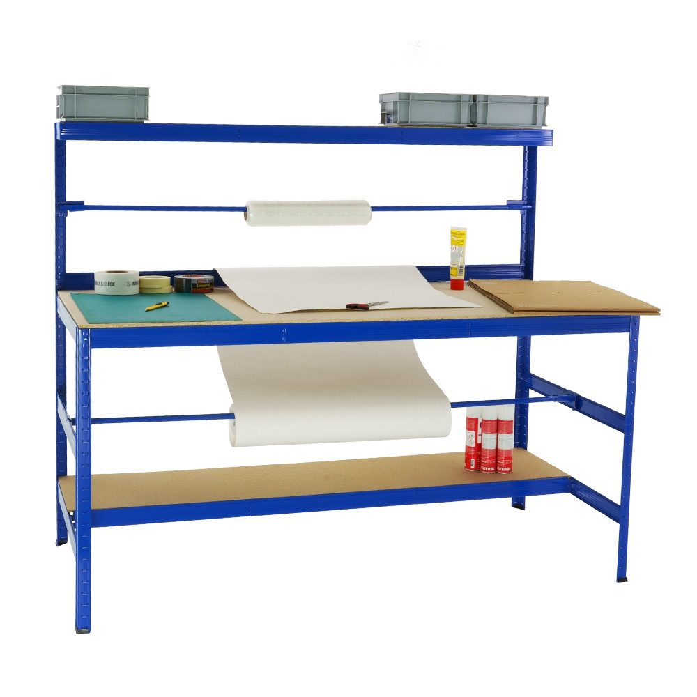 PROREGAL® Werkbank Packtisch Tiger, HxBxT 150x180x75cm, Verzinkt, Blau, Schwarz,Grau, Stabile Arbeitsbank Kommissionierungstisch Arbeitstisch für Lager