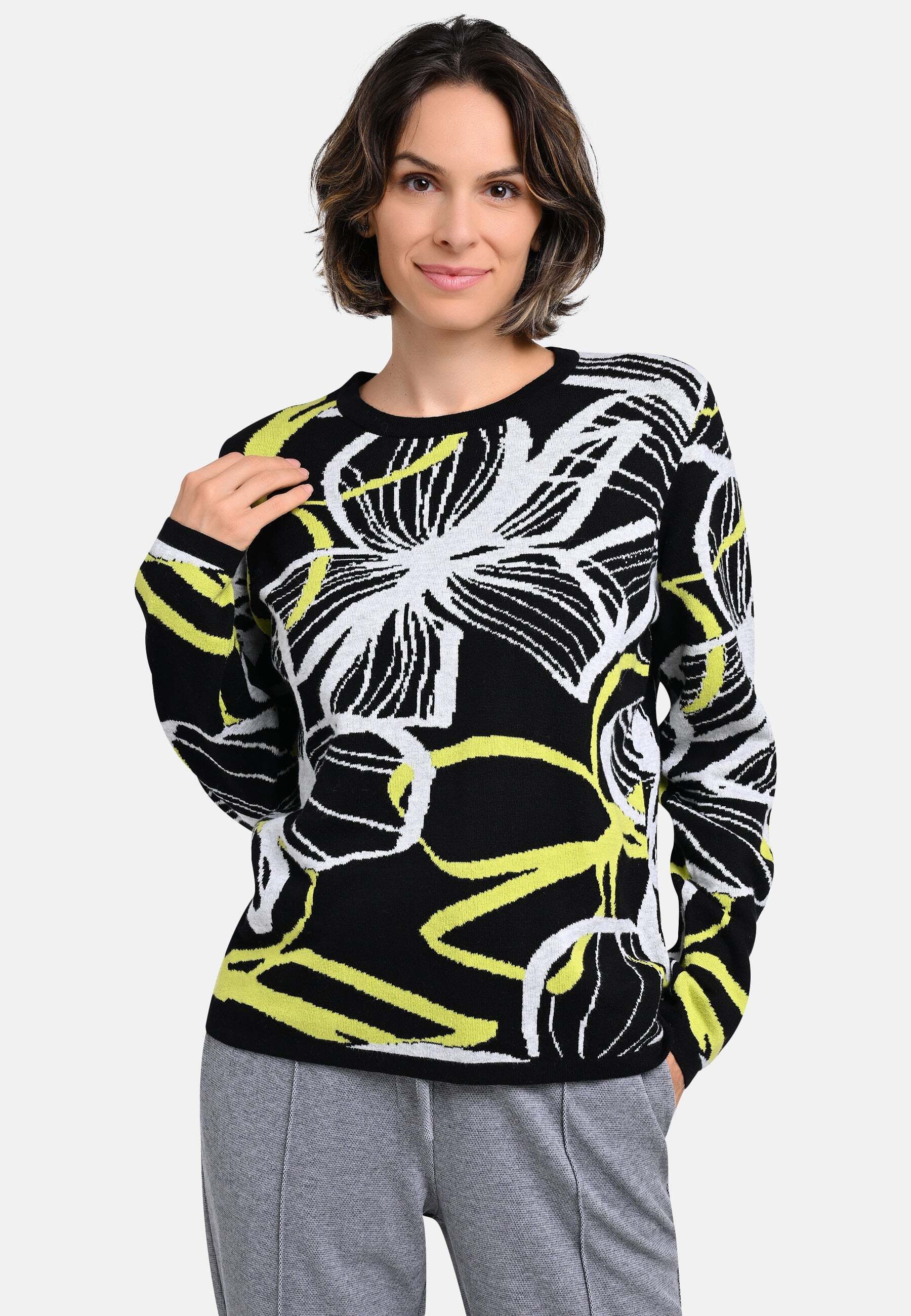BICALLA T-Shirt Strickpullover mit Blütenmuster in Schwarz/Hellgrün (1-tlg)