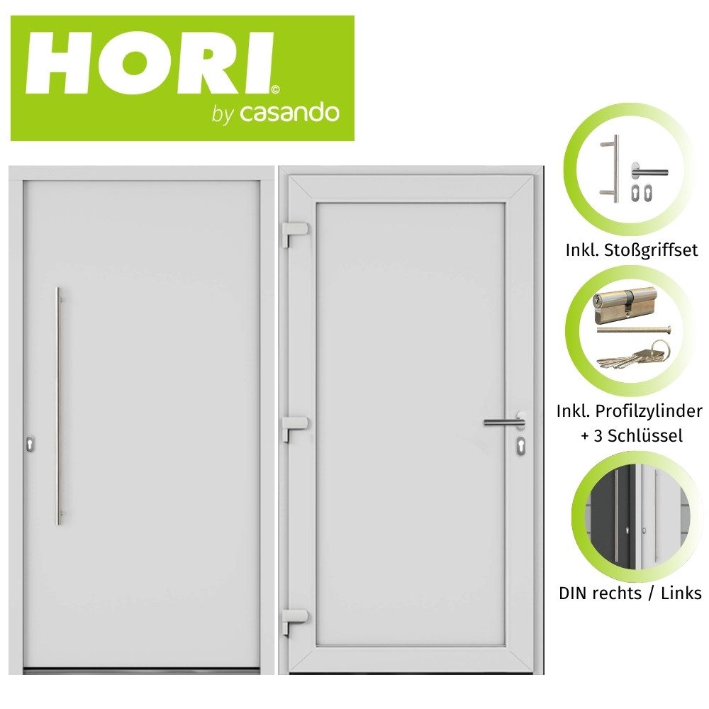 HORI Haustür (Schalldämmung, Robust, Einfache Montage, Wärmeschutz, Sonnenschutz), 1000 x 2100 mm, wei0, DIN links, Safety Slim