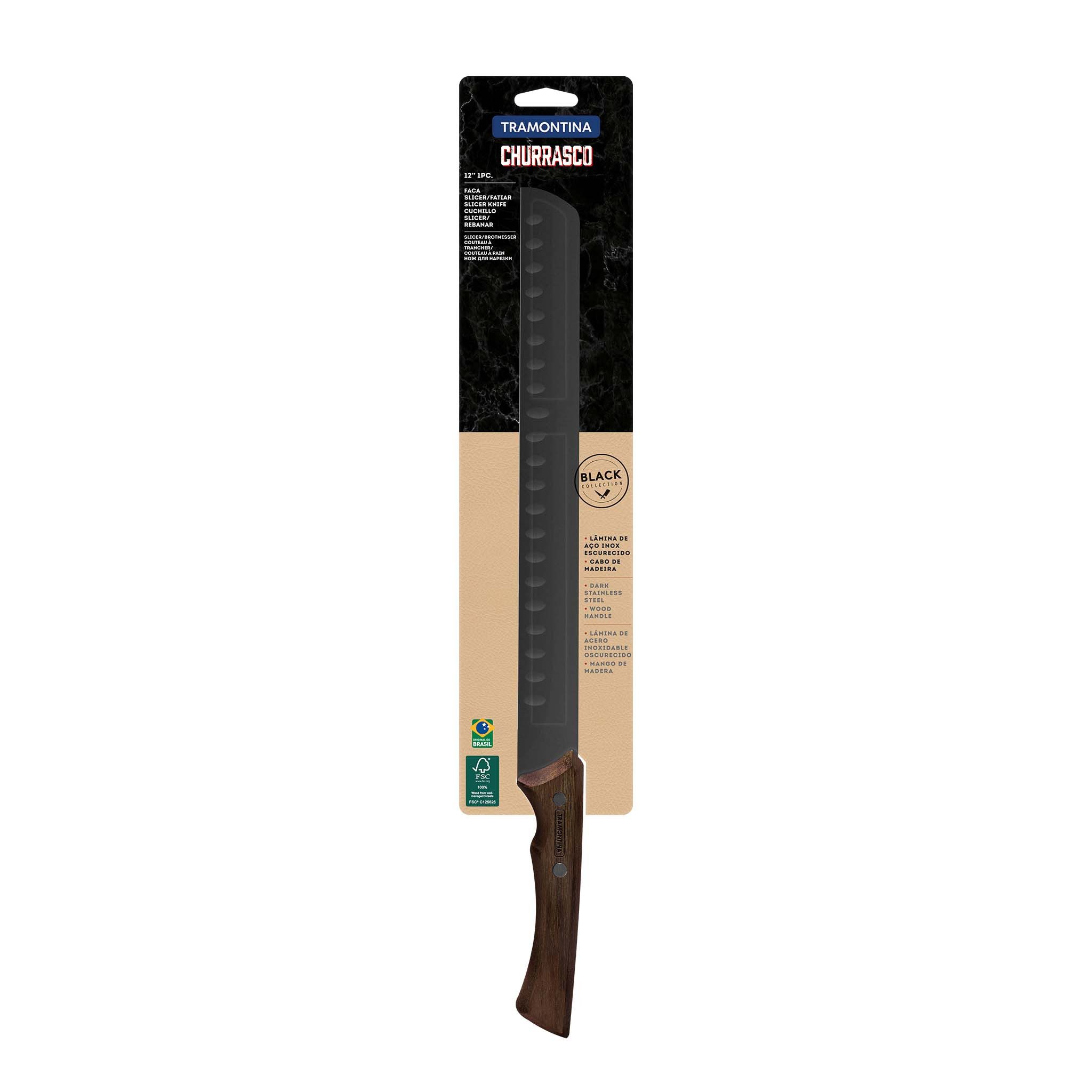 Tramontina Schinkenmesser CHURRASCO BLACK Edelstahl, rostfrei, mit Holzgriff, Lachsmesser, Kullenschliff, 29 cm, Holzgriff FSC