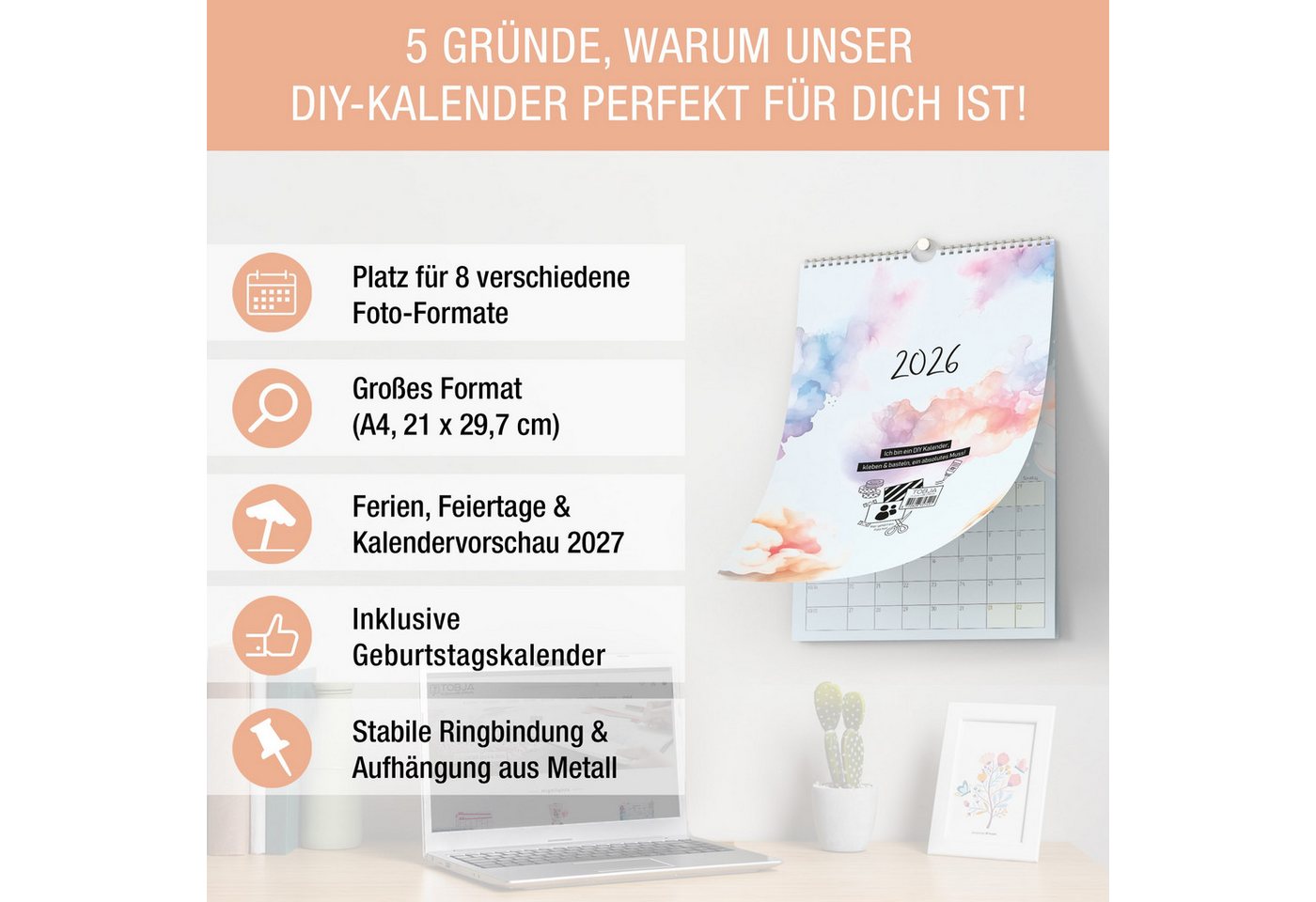 Thumbnail - TOBJA Kalender zum Selbstbasteln Fotokalender 2026 selbst gestalten. A4 (30x21cm), DIY Bastelkalender 2026