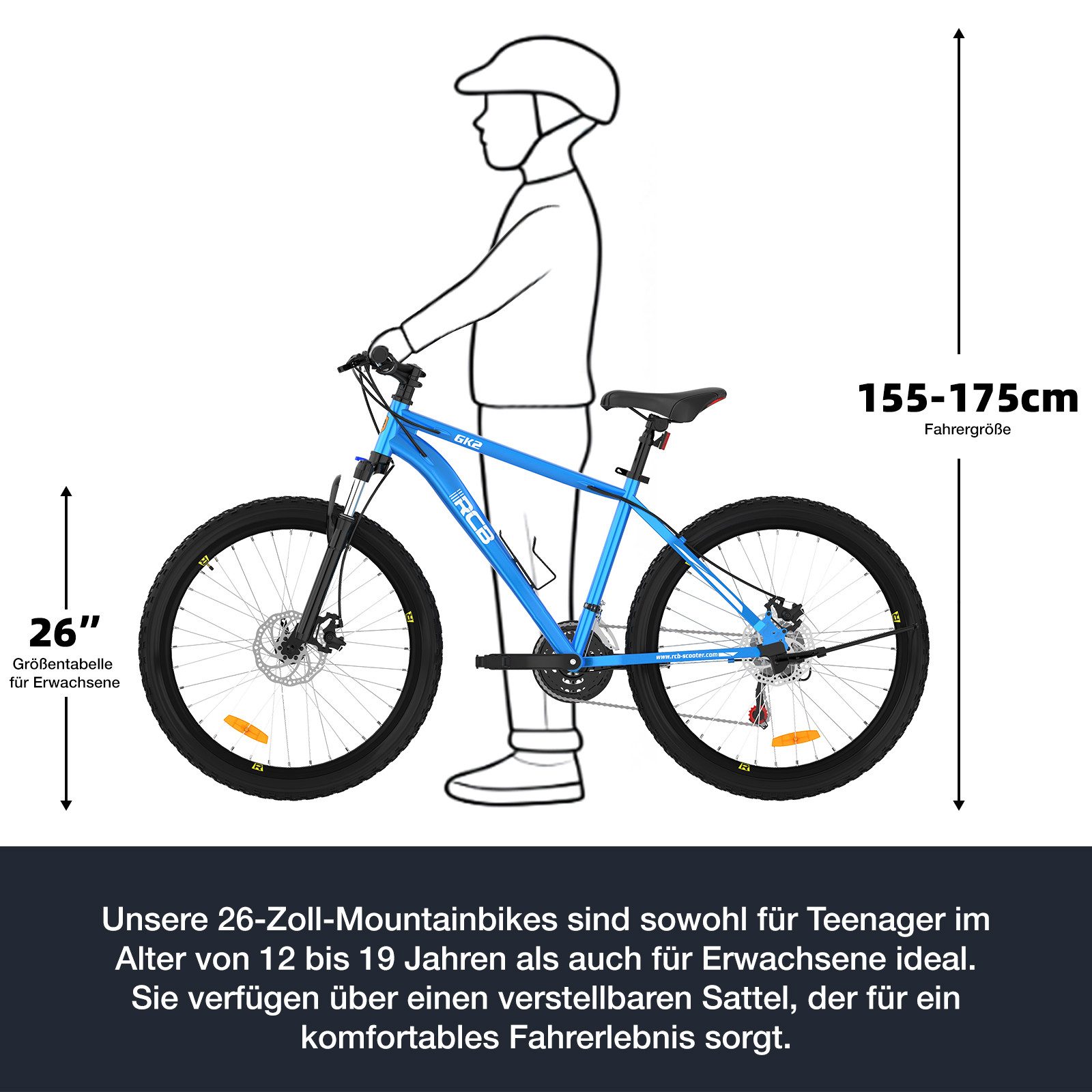RCB Mountainbike GK2, 26 Zoll Aluminium Fahrrad für Jugendliche & Erwachsene, bis 150KG, 21 Gang, Kettenschaltung, Federgabel & Scheibenbremsen