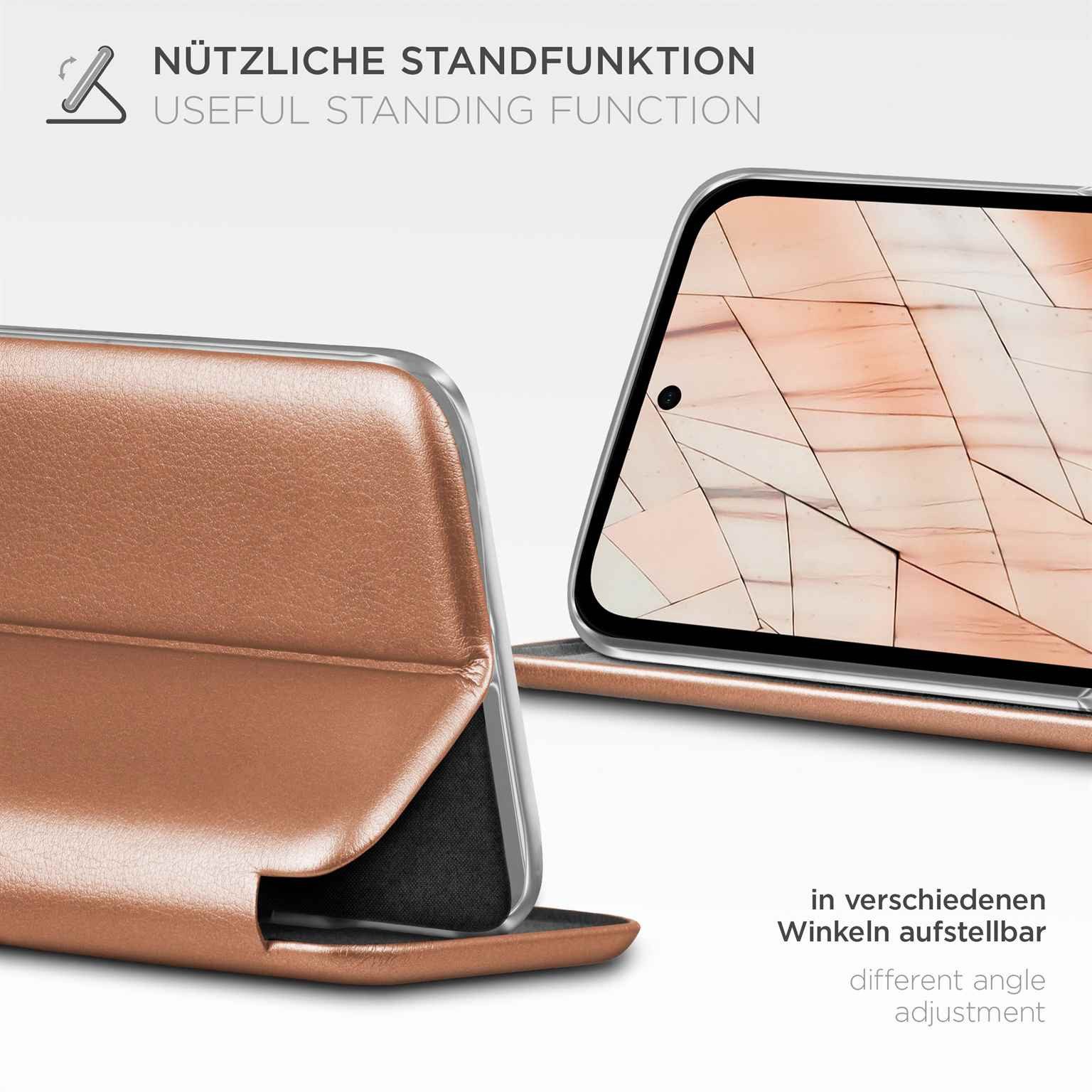ONEFLOW Handyhülle für Google Pixel 8a Premium Hülle Business Cover Rosa 6,1 Zoll, 360 Grad Schutzhülle Flip Case Etui Klapphülle Dünn Leder Handy Tasche