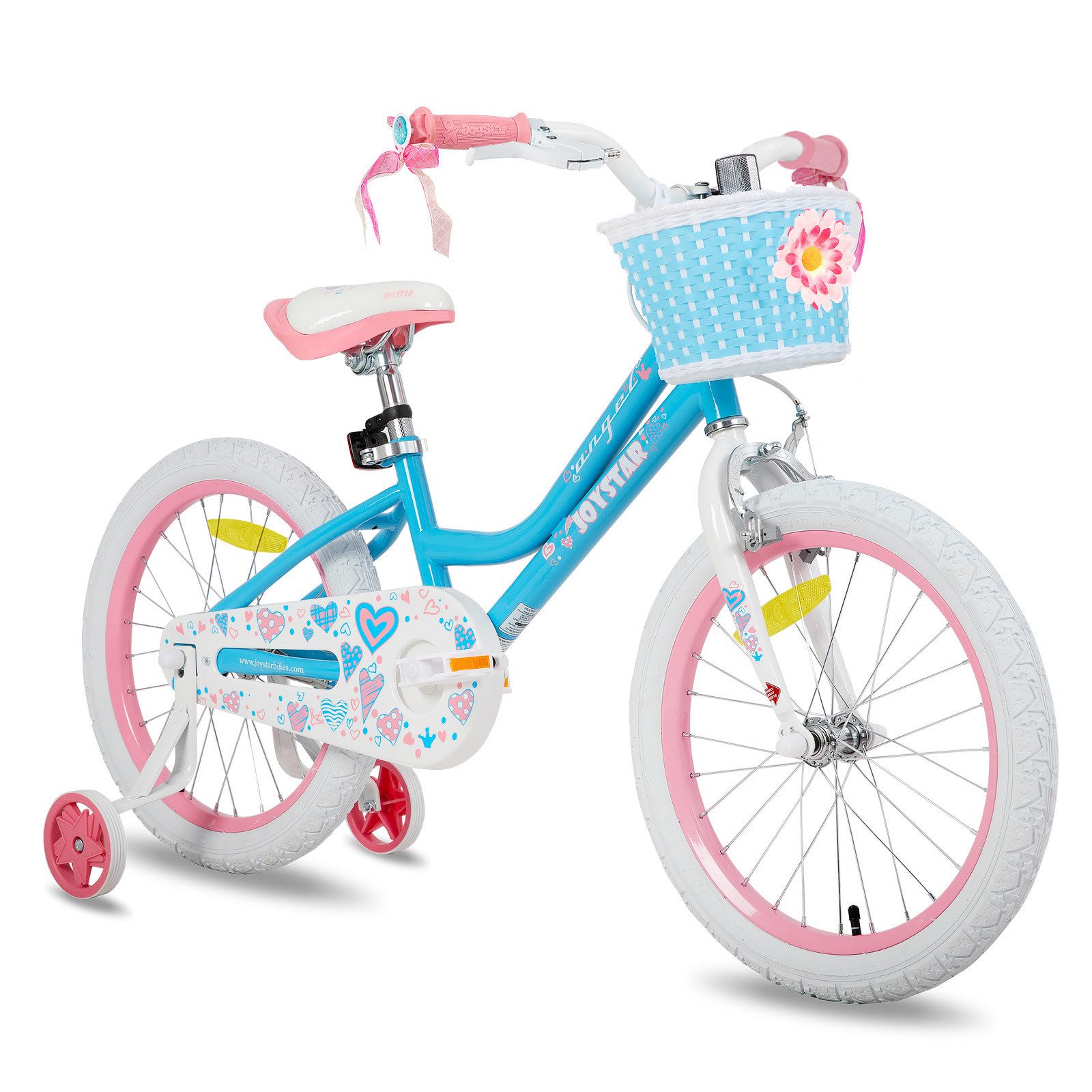 JOYSTAR Kinderfahrrad 12 14 16 18 Zoll Mädchenfahrrad, 3 - 9 Jahre,Geschenk für Prinzessin, 1 Gang, Mit Hilfsrädern, farbigen Bändern, Korb, Reflektor, Kettenabdeckung