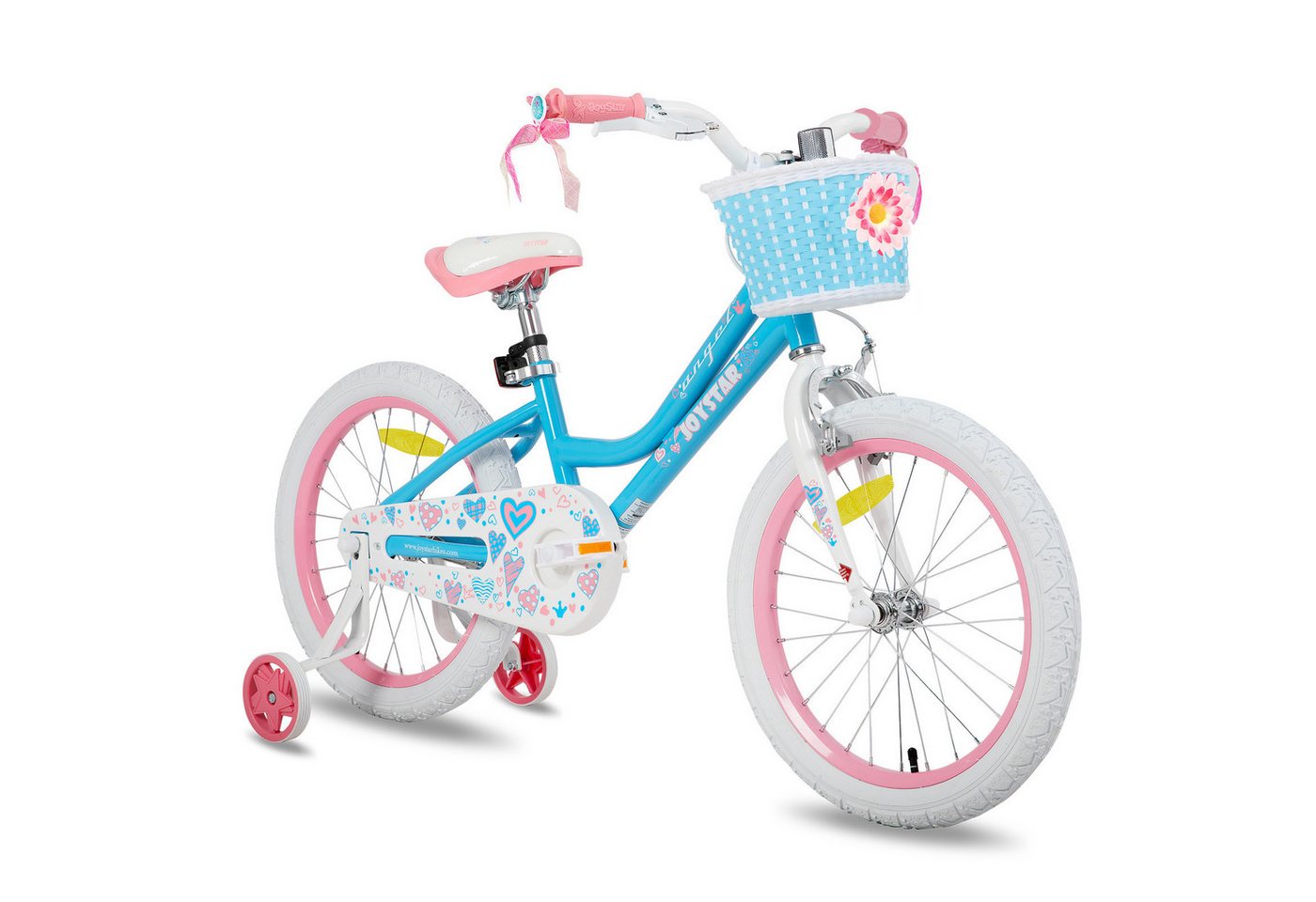 JOYSTAR Kinderfahrrad 12 14 16 18 Zoll Mädchenfahrrad, 2 - 9 Jahre,Geschenk für Prinzessin, 1 Gang, Mit Hilfsrädern, farbigen Bändern, Korb, Reflektor, Kettenabdeckung
