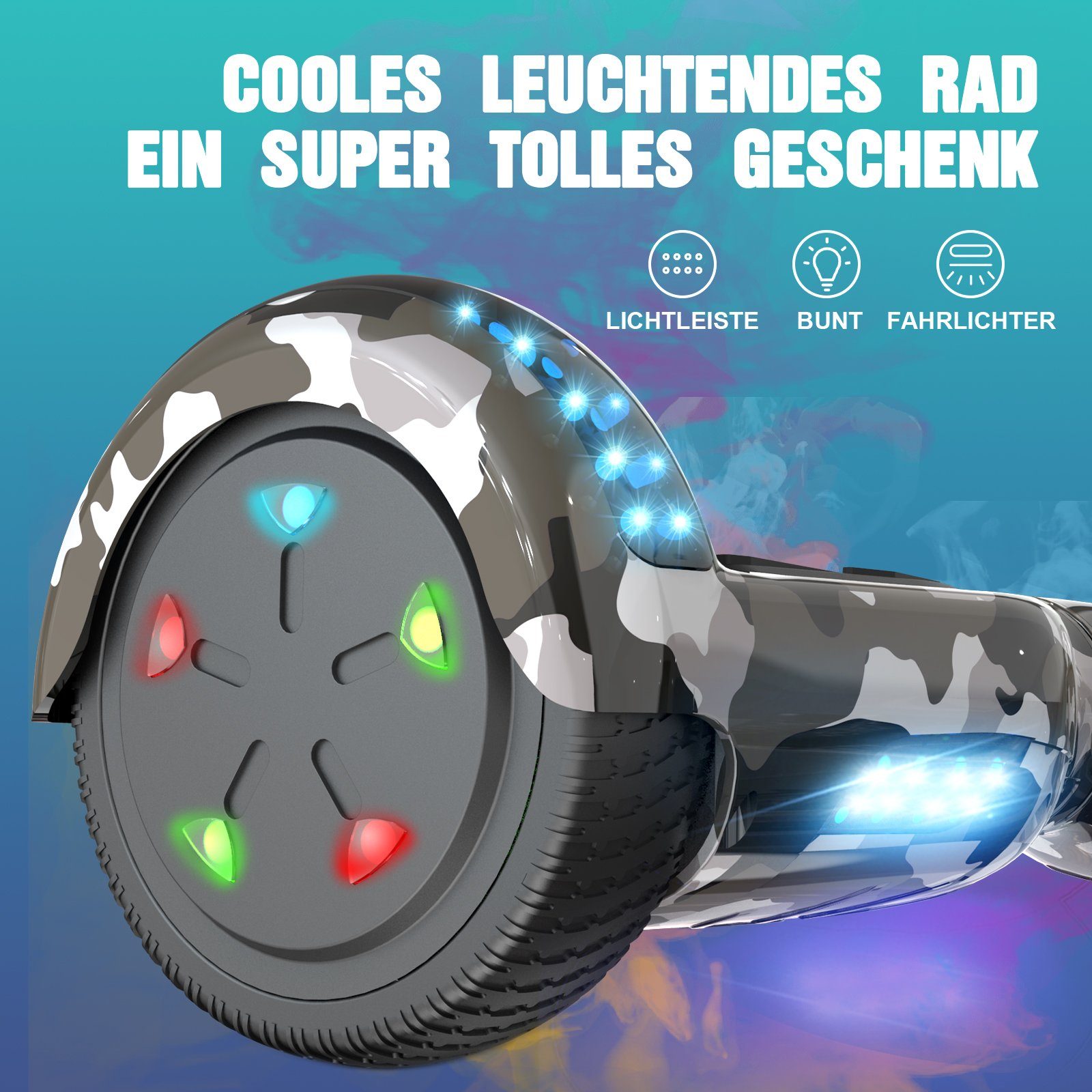 RCB TECH Balance Scooter JD6, 6,5 Zoll Zweimotoren Hoverboard, mit LED-Leuchten und Bluetooth, 120,00 W, 15.00 km/h, bis zu 10 km Reichweite, keine Straßenzulassung