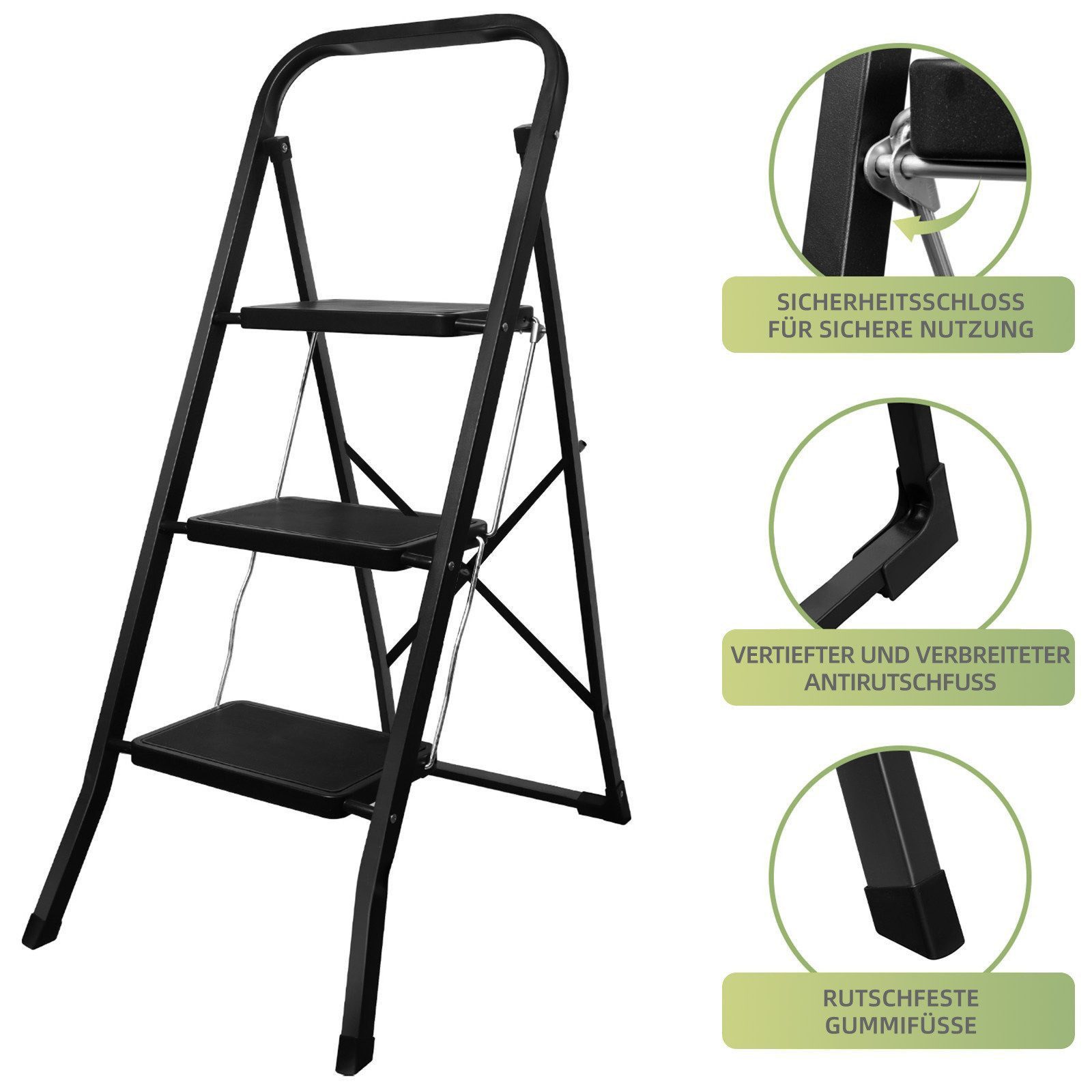 SunJas Trittleiter OZ-Step03 3 stufen Mit extrabreiten, rutschfesten Trittstufen (Eisen Stehleiter, Multifunktionsleiter), Klapptritt Leiter mit 3 Stufen & Handlauf Stehleiter bis 150 kg