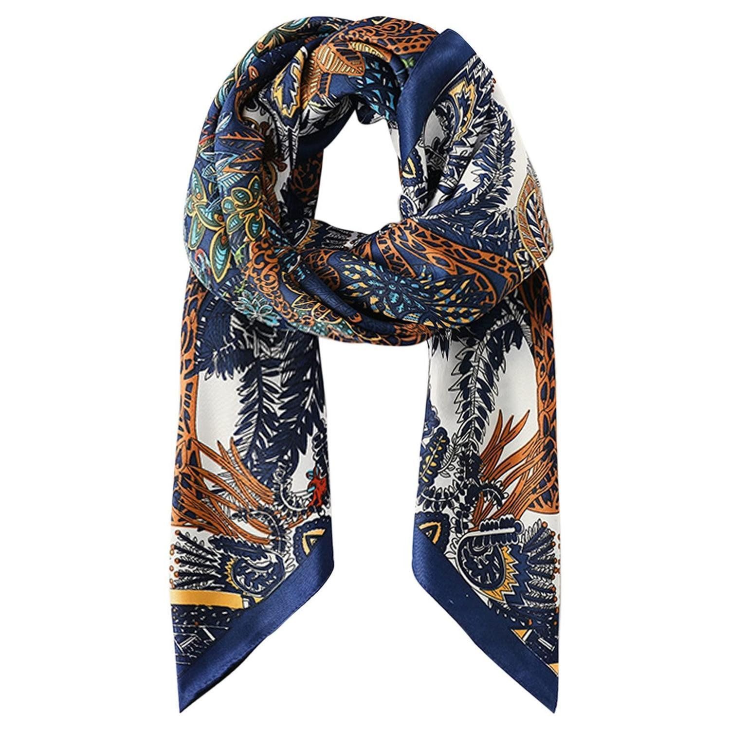 LuxusKollektion Seidenschal Damen Schal Kunstseide Blumenmuster 01 Dunkelblau 90x90cm
