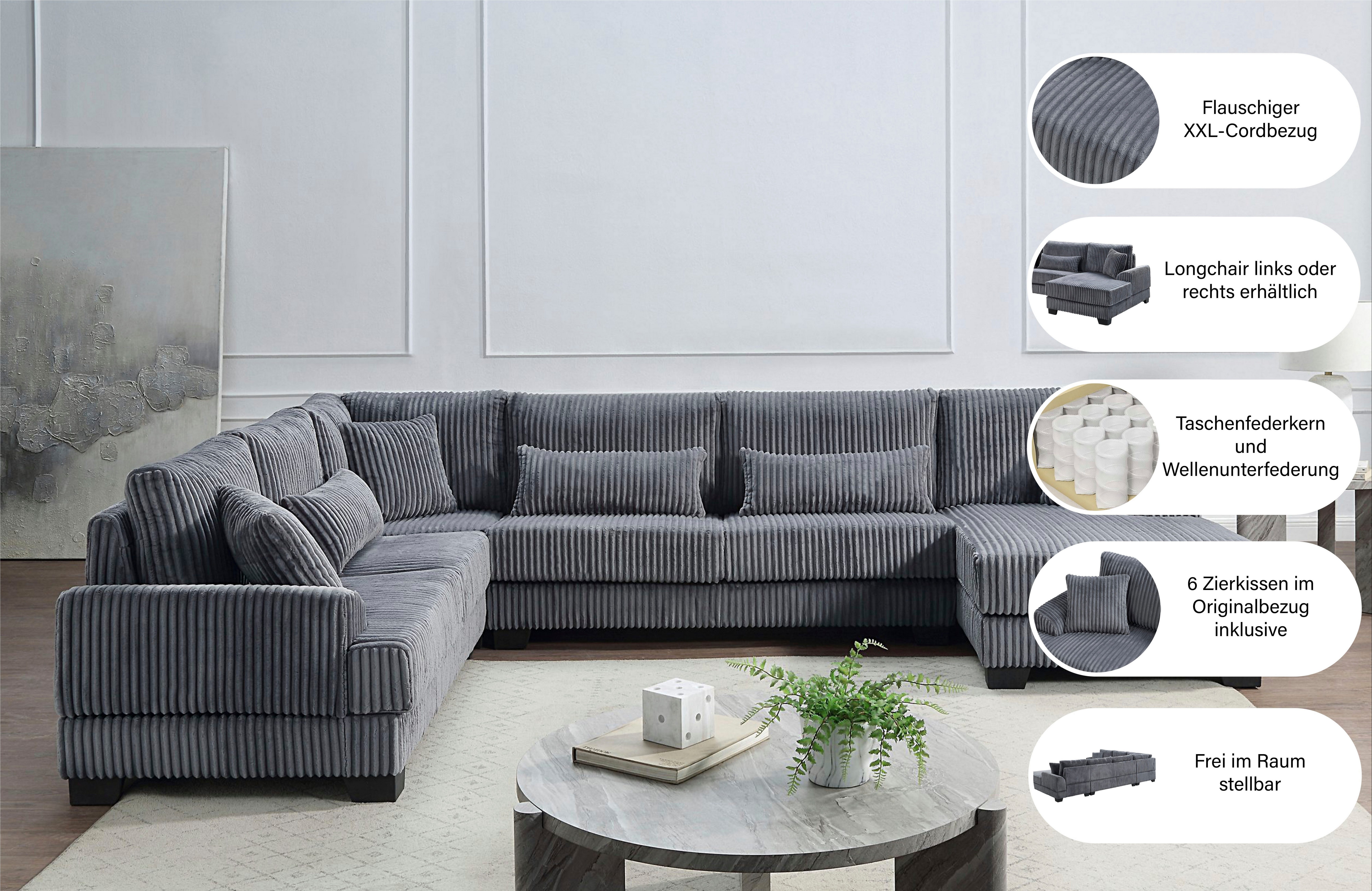 ATLANTIC home collection Wohnlandschaft Miron, weicher XXL-Cordbezug, inklusive 6 Zierkissen