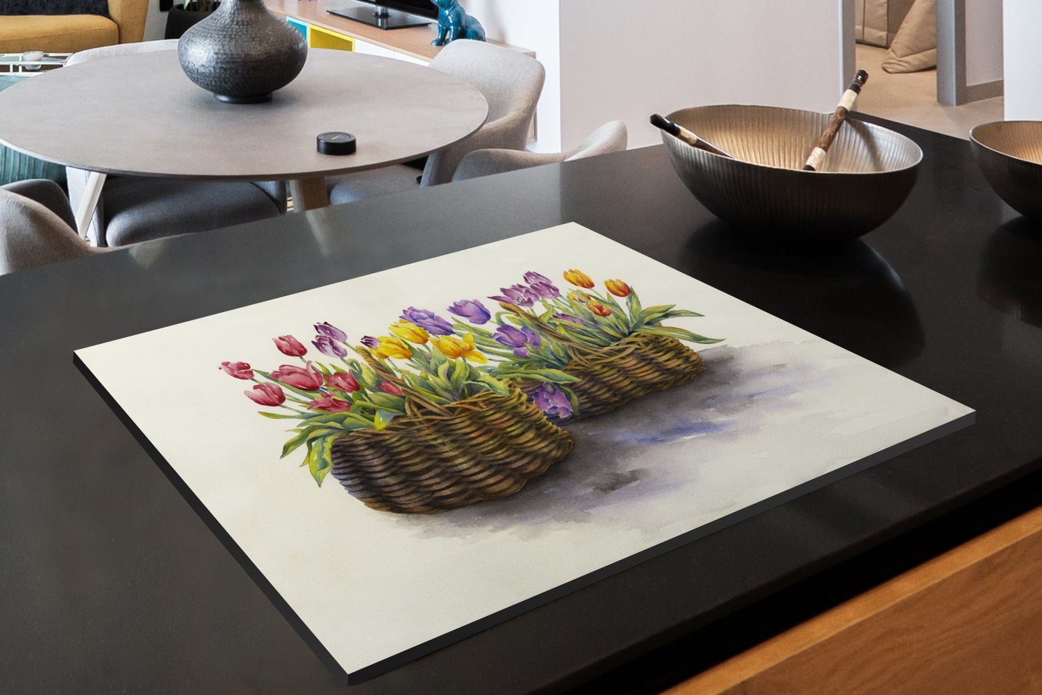 Aquarell, Korb Arbeitsfläche Vinyl, Ceranfeldabdeckung MuchoWow - Herdblende-/Abdeckplatte Mobile (1 - Blumen Tulpen 70x52 tlg), - nutzbar, cm,