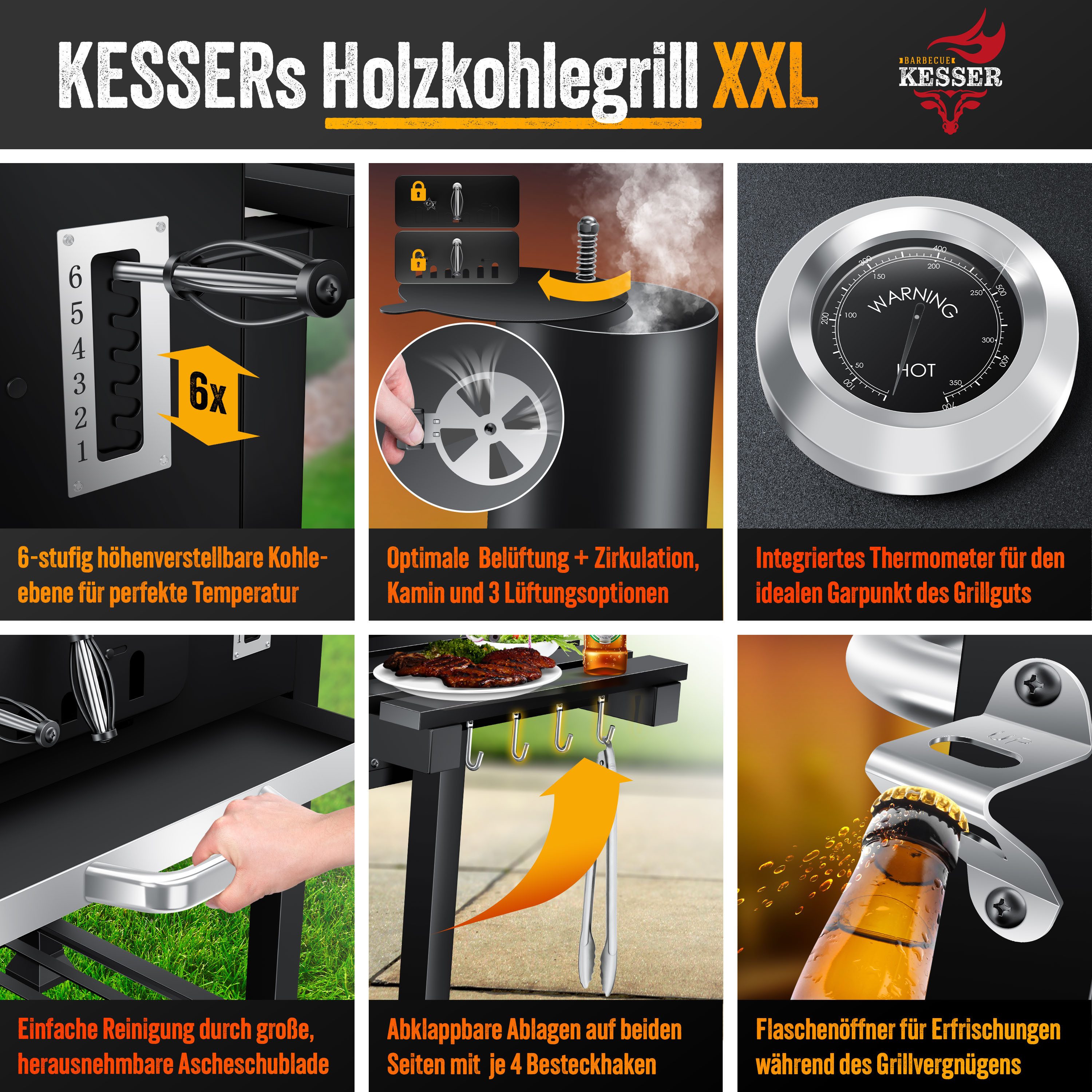 KESSER Holzkohlegrill Grillwagen BBQ Smoker XXL Holzkohlegrill mit Deckel, Rädern, Edelstahl-Griff, Thermometer, Grillrost, Standgrill, Kohlegrillwagen – Bild 4 von 5