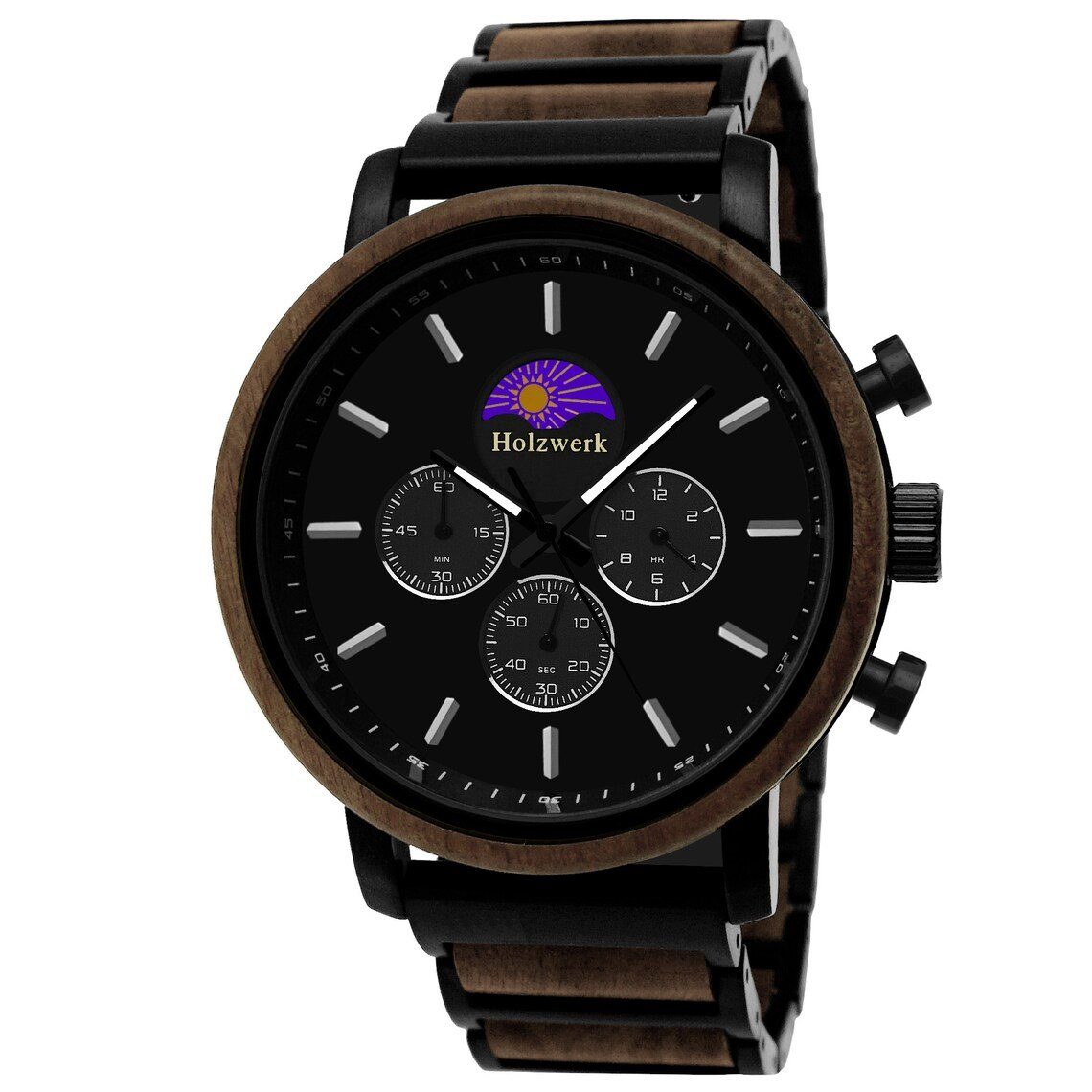Herren Holzwerk Mondphase, & BASSUM Edelstahl Uhr, Armband schwarz, Chronograph Holz braun