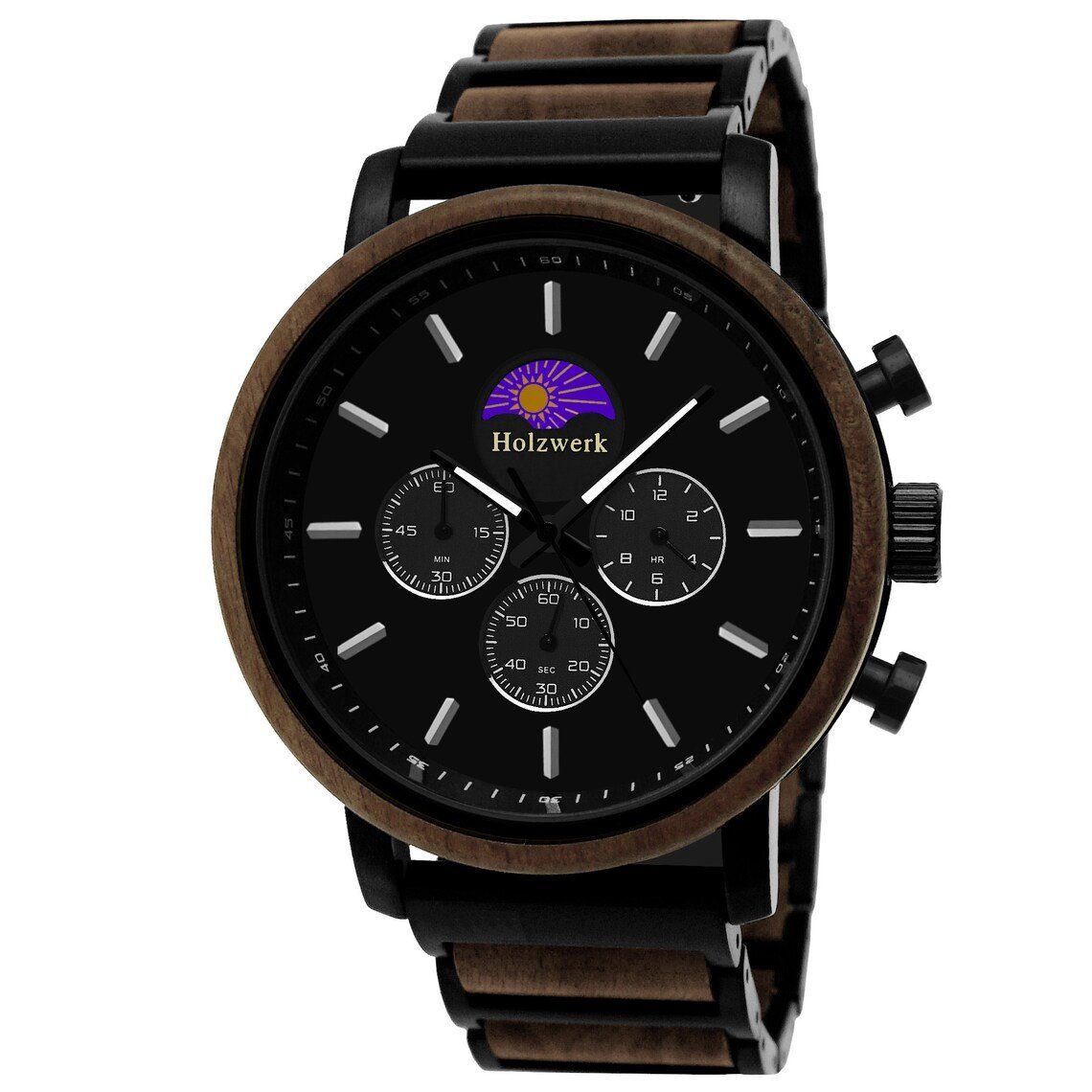 Voller Authentizität! Holzwerk Chronograph BASSUM Herren Edelstahl Holz braun Uhr, Mondphase, & Armband schwarz