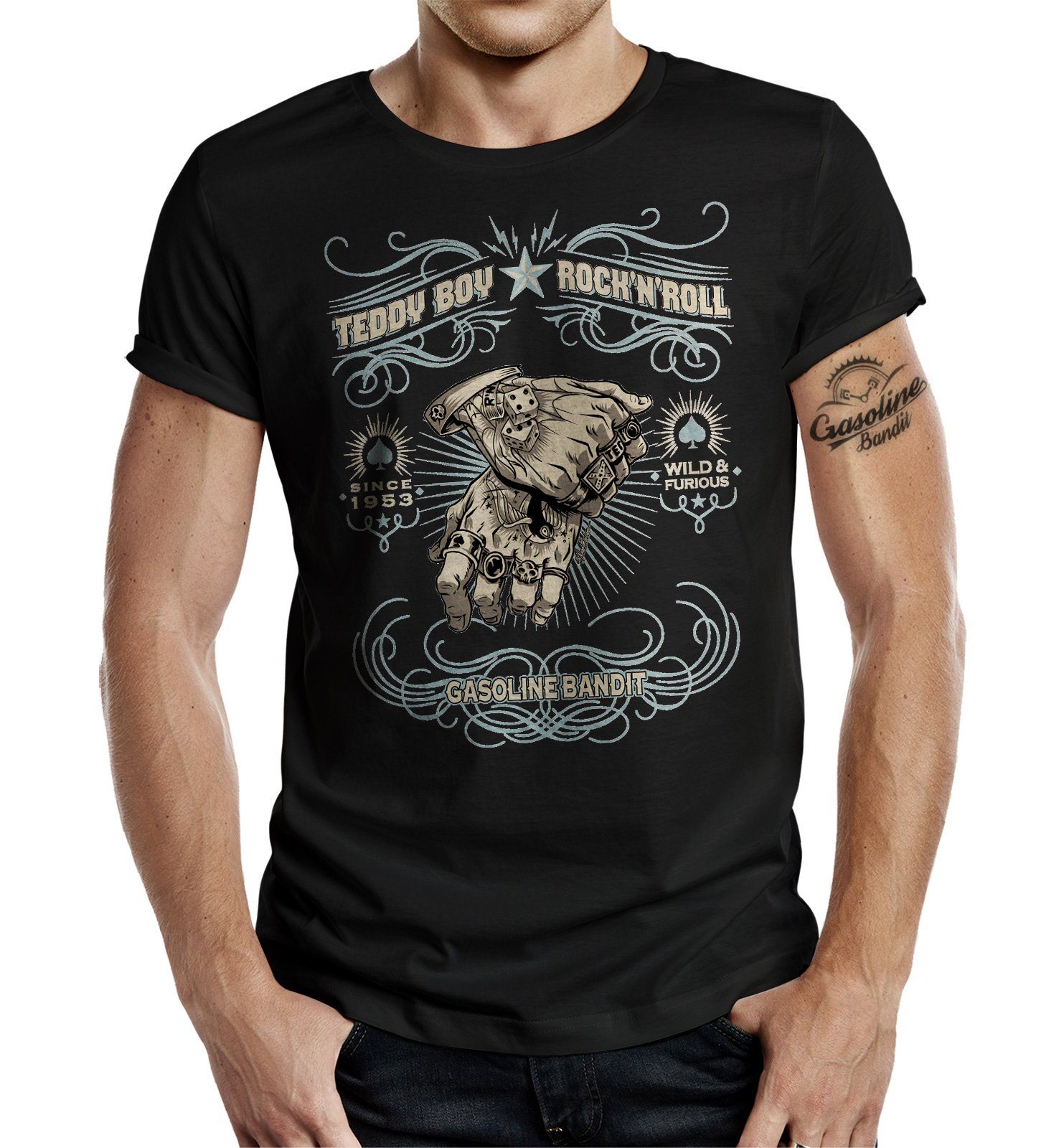 'n' Oldschool T-Shirt für Boy Roll Teddy BANDIT® GASOLINE Rock Fans: Rockabilly