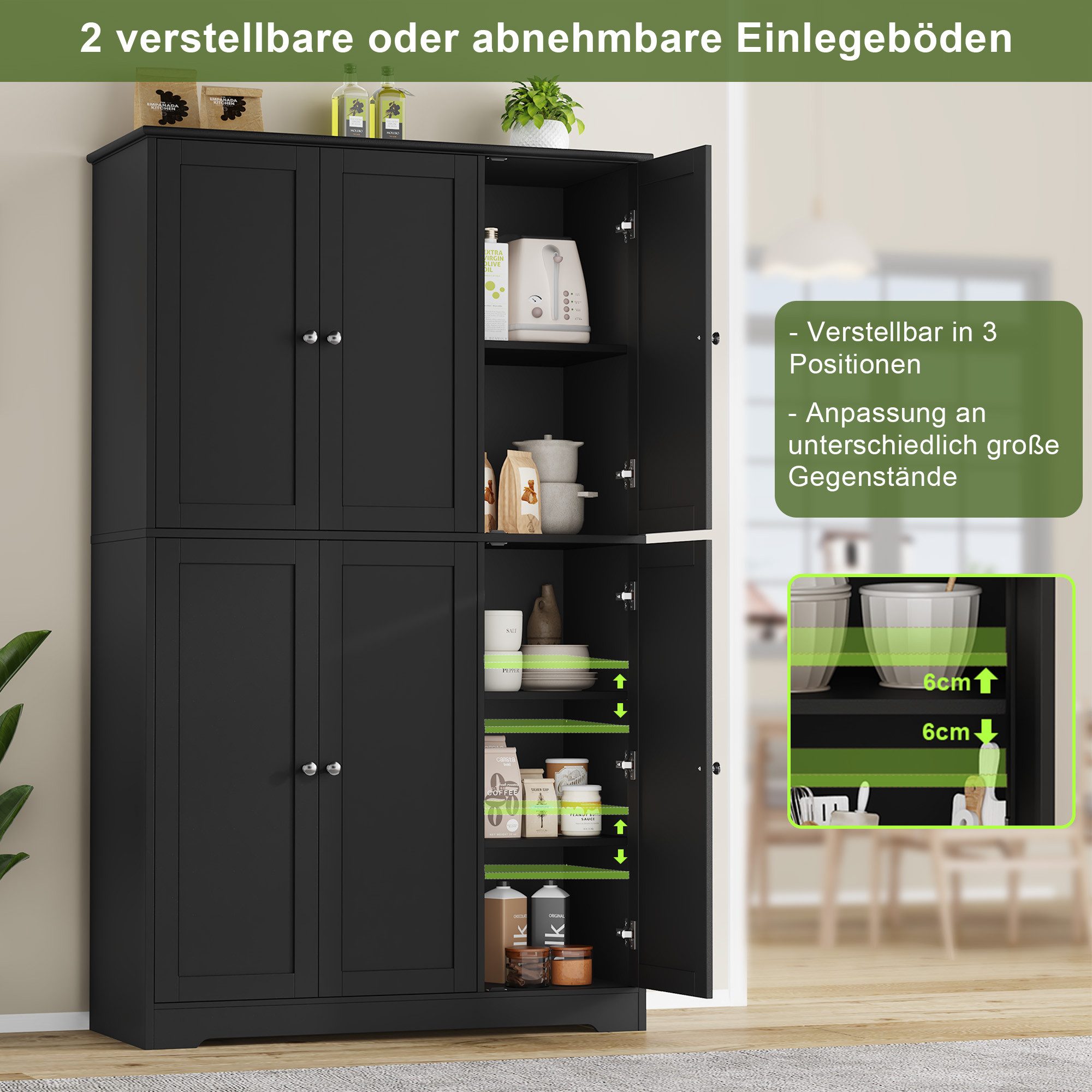 Homfa Mehrzweckschrank Küchenschrank Drehtürenschrank Kleiderschrank mit 6 Türen, Breite 106 cm, Höhe 180 cm, Schwarz
