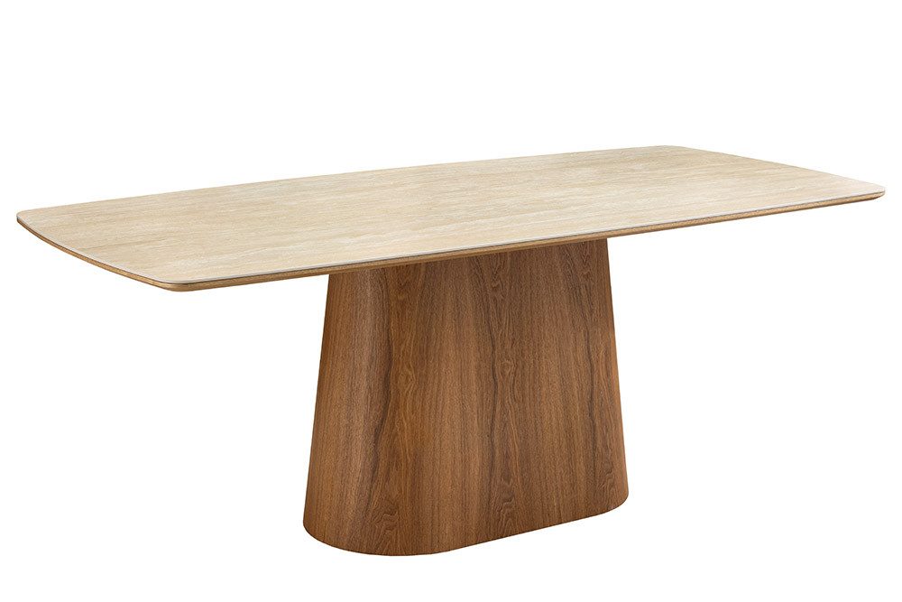 riess-ambiente Säulen-Esstisch UNIQUE 200cm natur/braun - Travertin, Keramik, Eichenholz, Säulenfuß (Einzelartikel, 1-St), Extravaganter Furniertisch - ideal für Wohn- & Esszimmer oder Küche