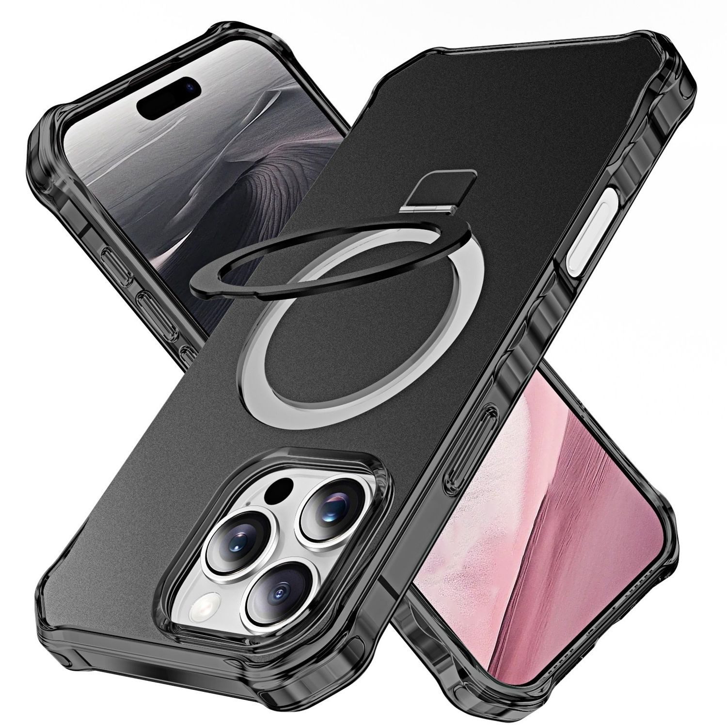 Wigento Handyhülle Für Apple iPhone 16 Pro Solid Color MagSafe Ring Halter Hülle Schwarz, MagSafe, stoßfest, mit Ringhalter