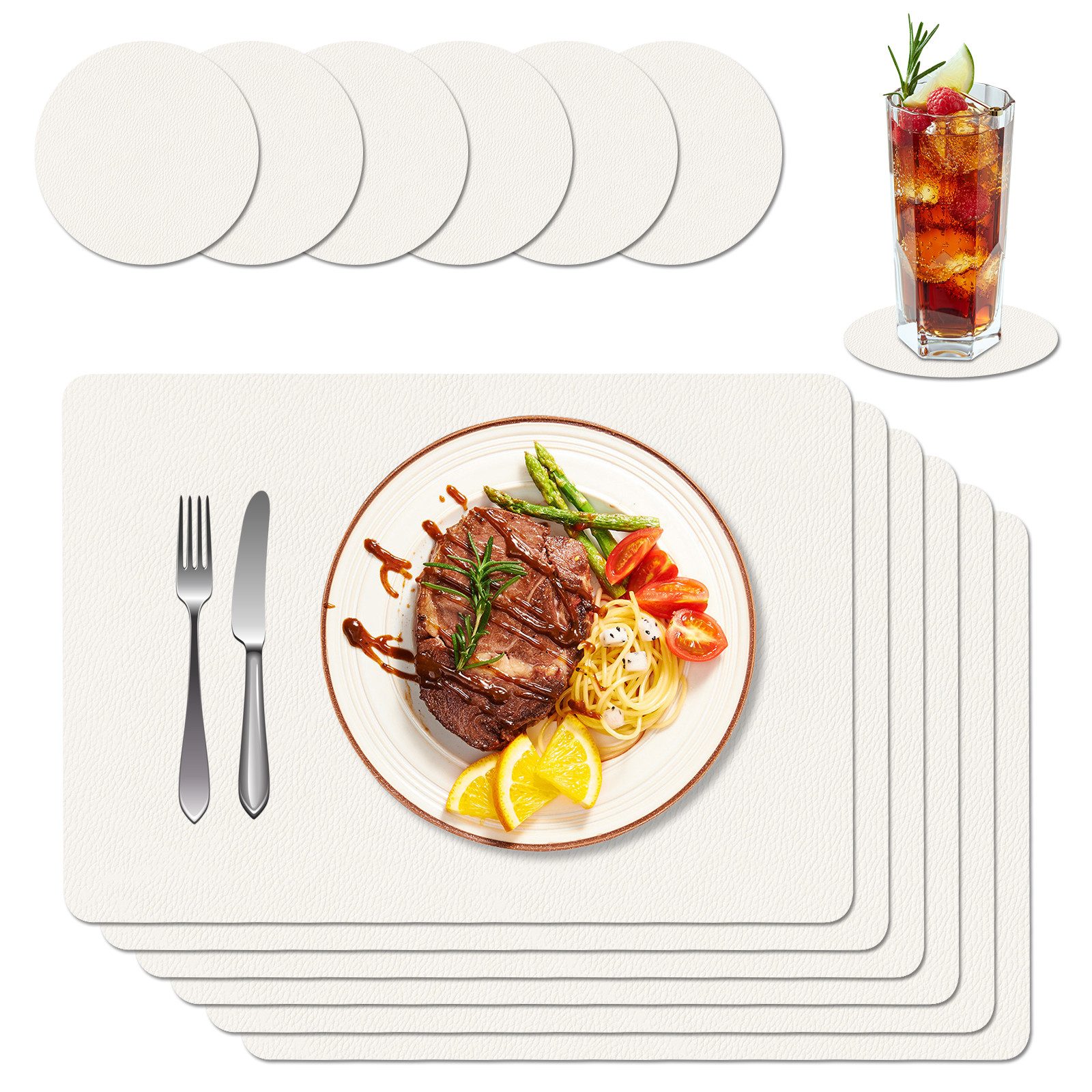 BlingBin Platzset 12er Set Tischsets & Untersetzer-Abwaschbar aus Kunstleder,Tischmatte, (12er Set, 12-St., Maße: Tischset 43 × 30 cm; Untersetzer 10 × 10 cm), Wasserdicht Platzdeckchen für Küche, Esszimmer Partytisch Dekoration