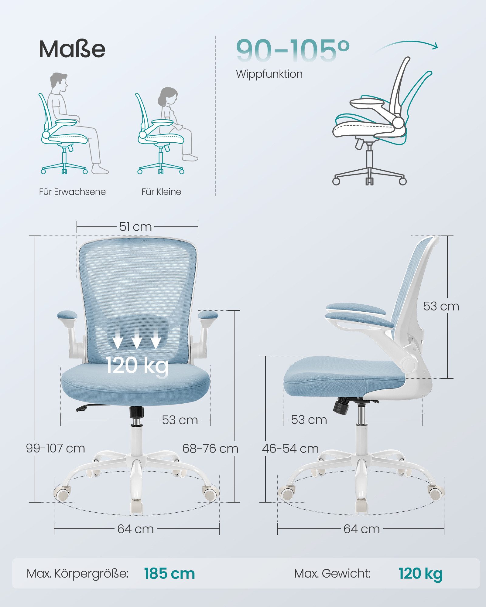 SONGMICS Bürostuhl, ergonomisch, Drehstuhl mit Mesh, Wippfunktion, klappbare Armlehnen