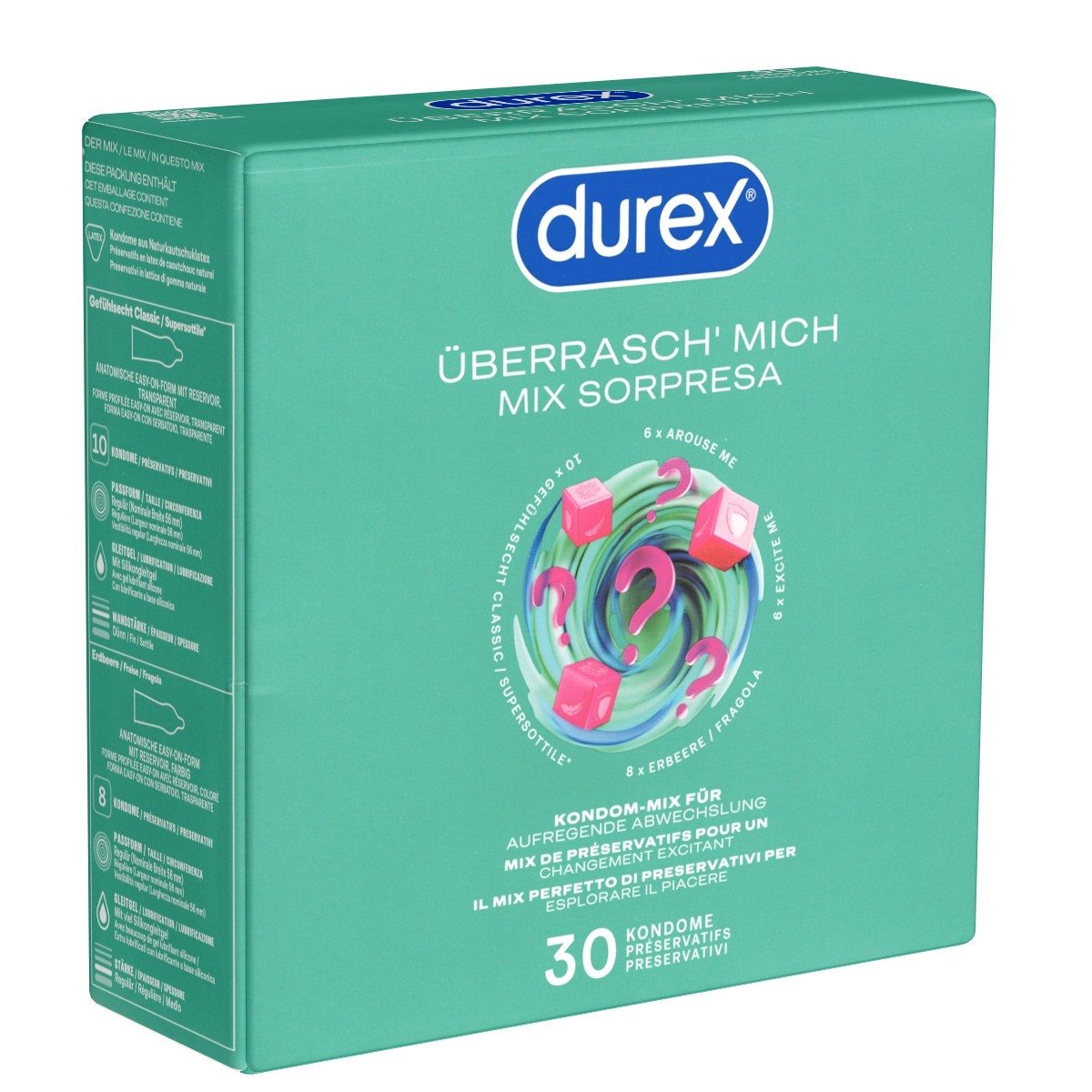 durex Kondome Überrasch' mich Packung mit, 30 St., Markenkondome im Mix für überraschende Abwechslung