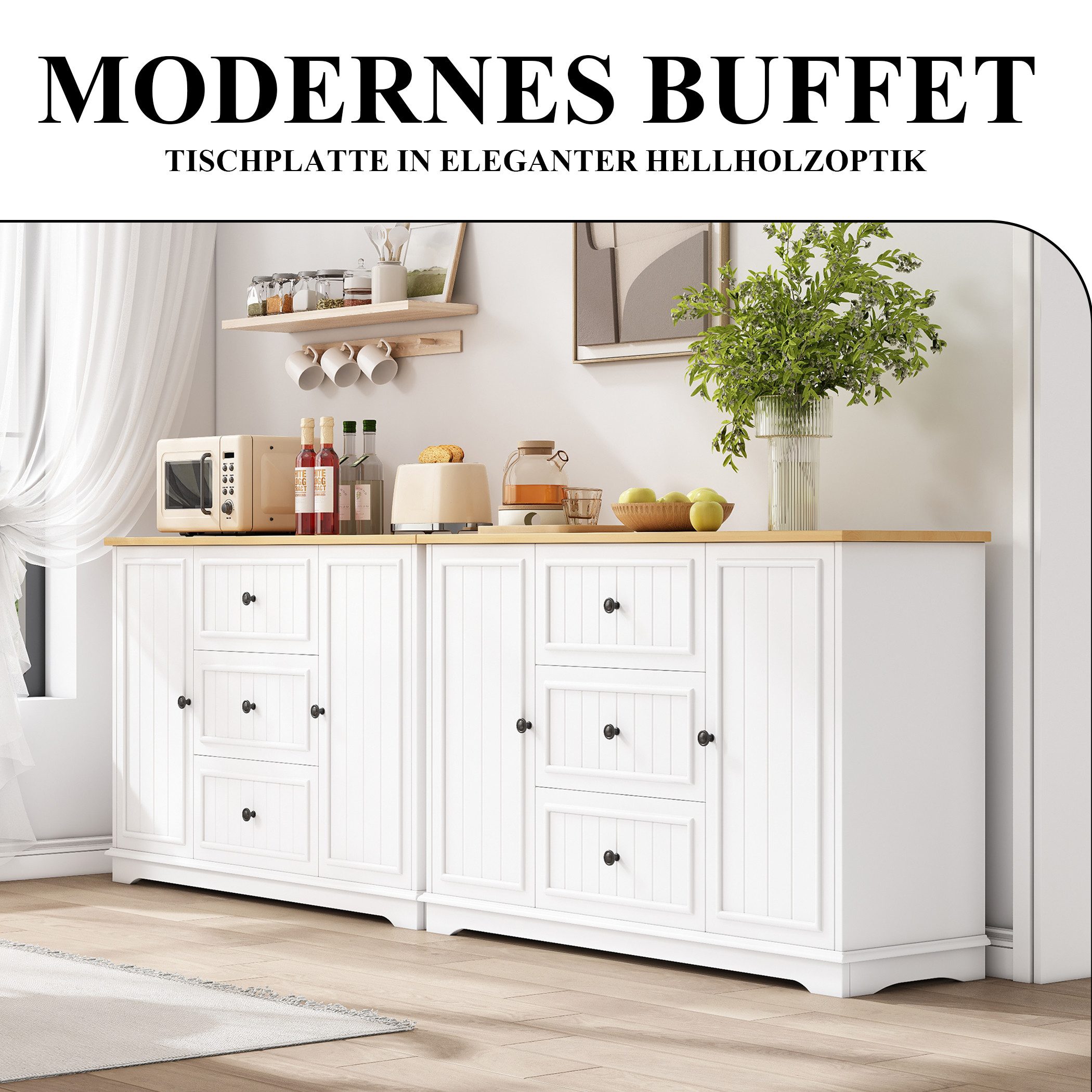 SeedWave Buffet Vielseitiges Küche Sideboard 126cm mit Schubladen & 2 Schranktüren Anrichte mit gestreiften Fronten, verstellbaren Fächern