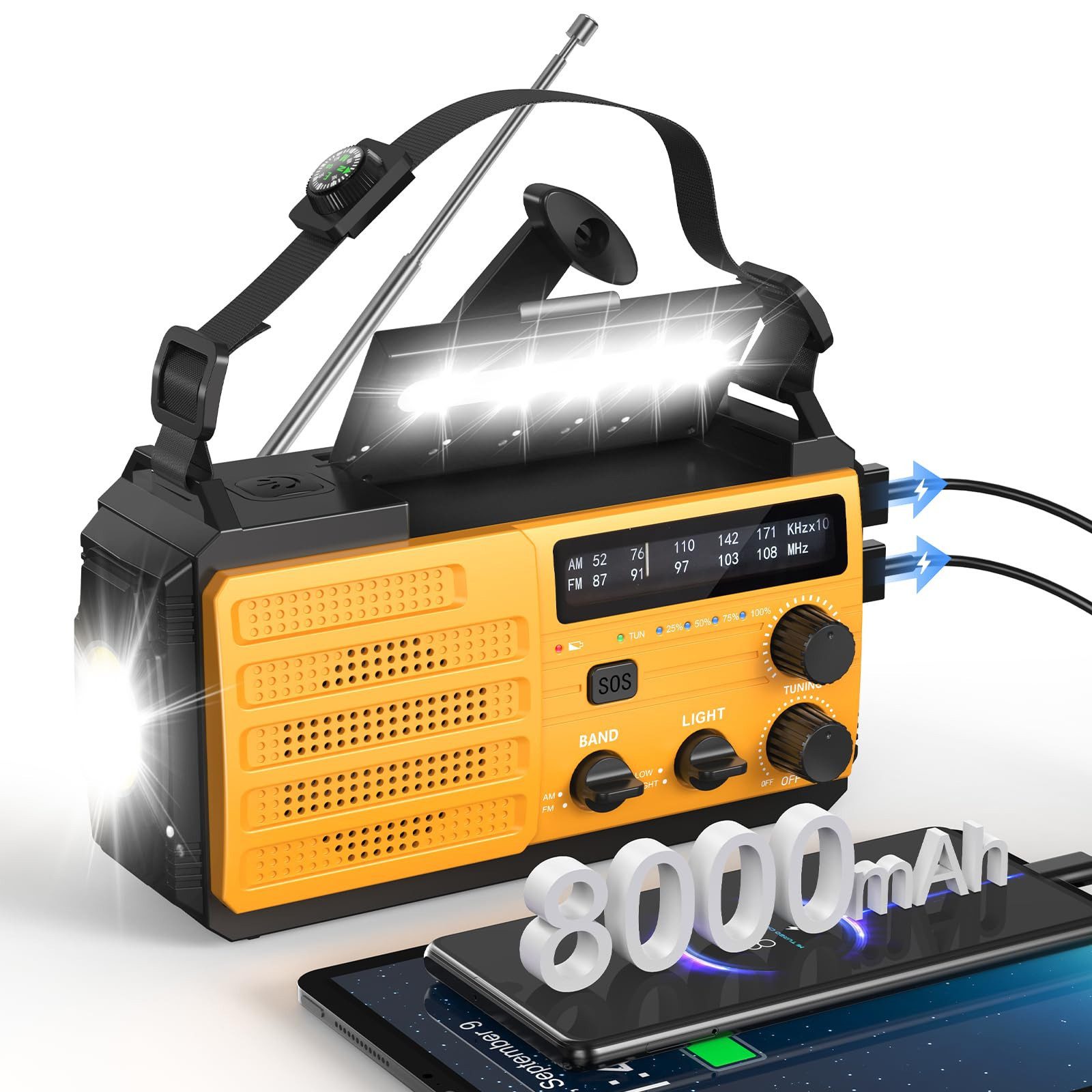 Greadio Notfall Kurbelradio, 8000mAh, 3-fach Ladung, AM/FM SOS Taschenlampe Radio (SOS-Alarm, AM/FM-Empfang, Kompass & Leselicht, USB Notfall-Ladegerät für Outdoor & Katastrophen)