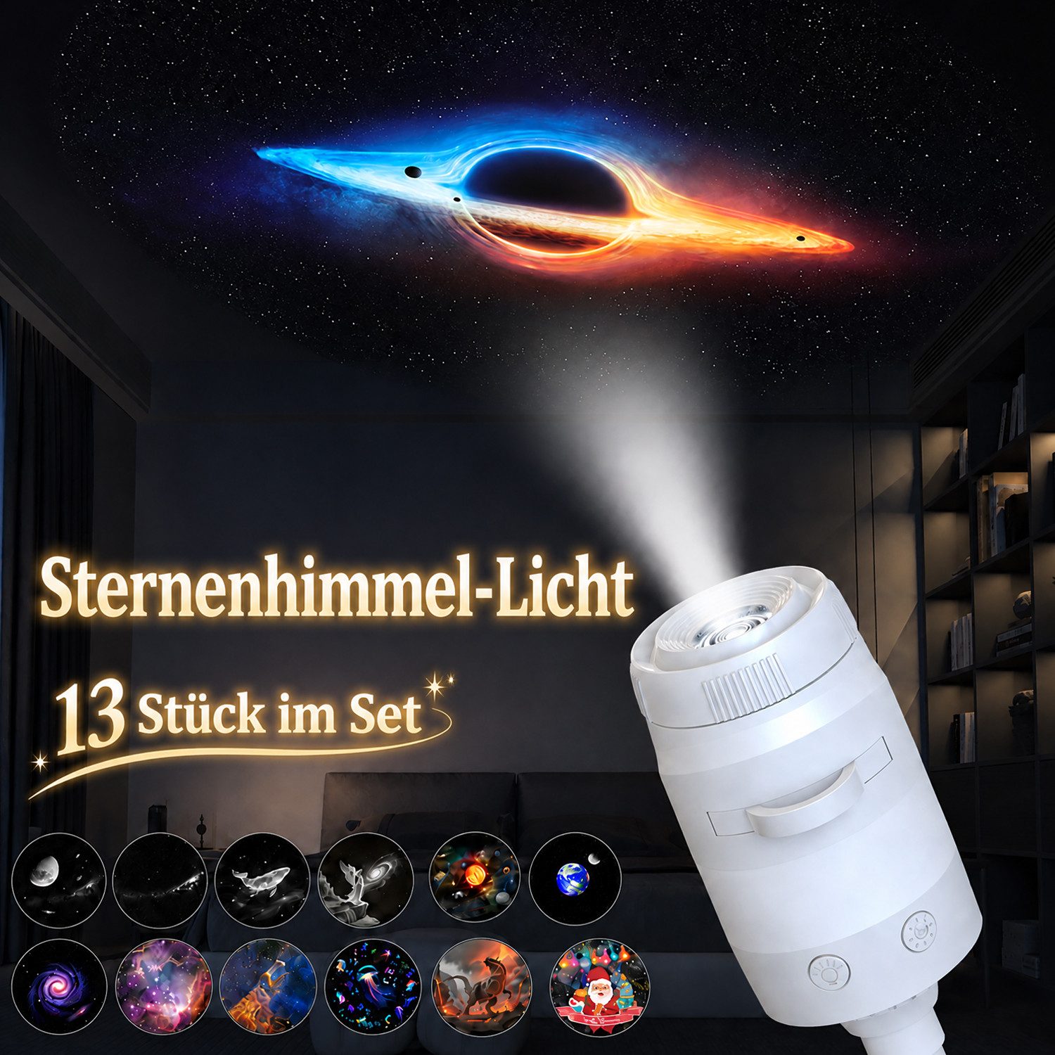BOOD LED-Sternenhimmel 2-in-1 Sternenhimmel Projektor mit Nachtlicht USB 12 Projektionen, LED fest integriert, 13 Projektionsfilme