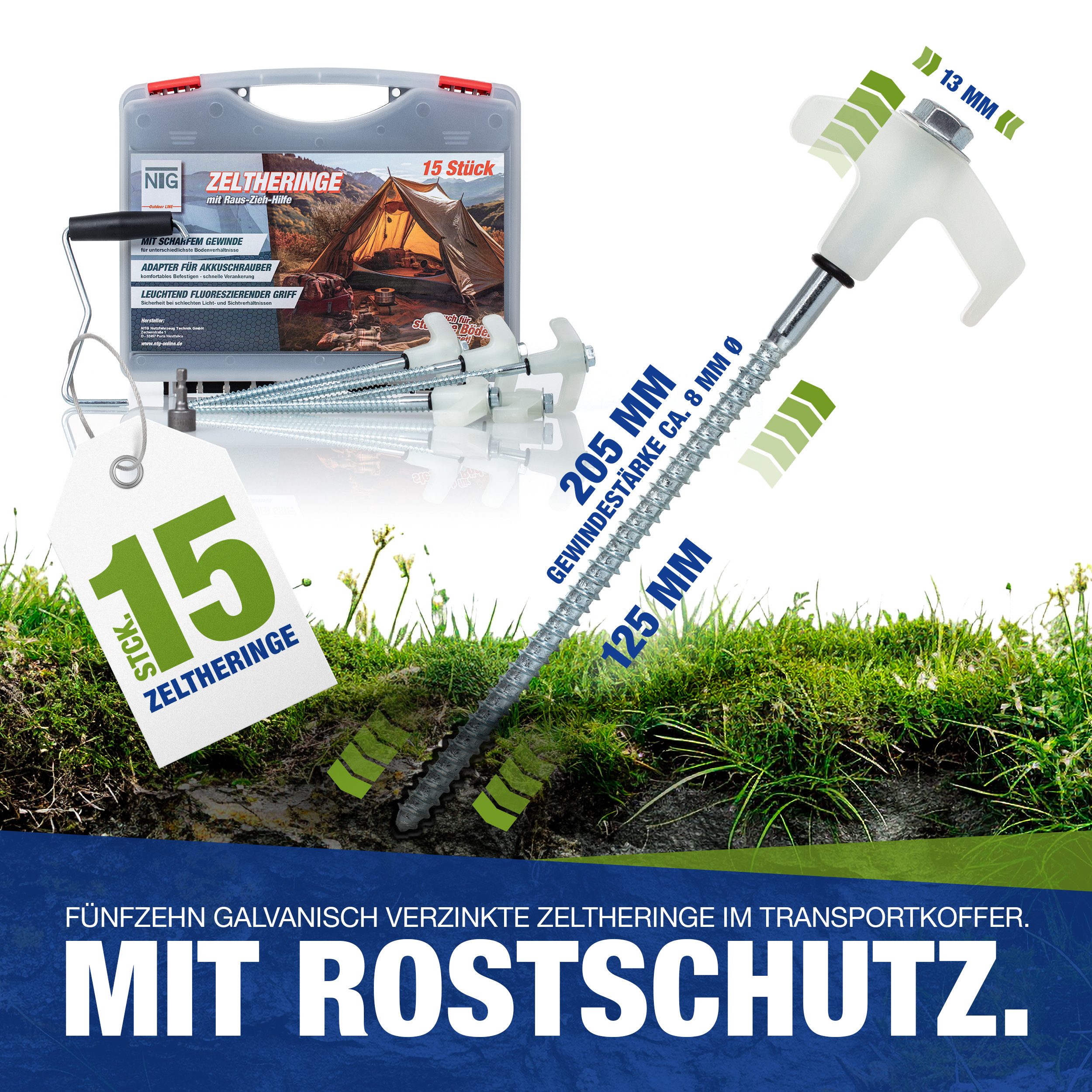 NTG Nutzfahrzeug Technik GmbH Zelthering mit Gewinde 22 Stück, Adapter für Akkuschrauber, auch für Steinboden, (22-St), Rostschutz durch verzinkung