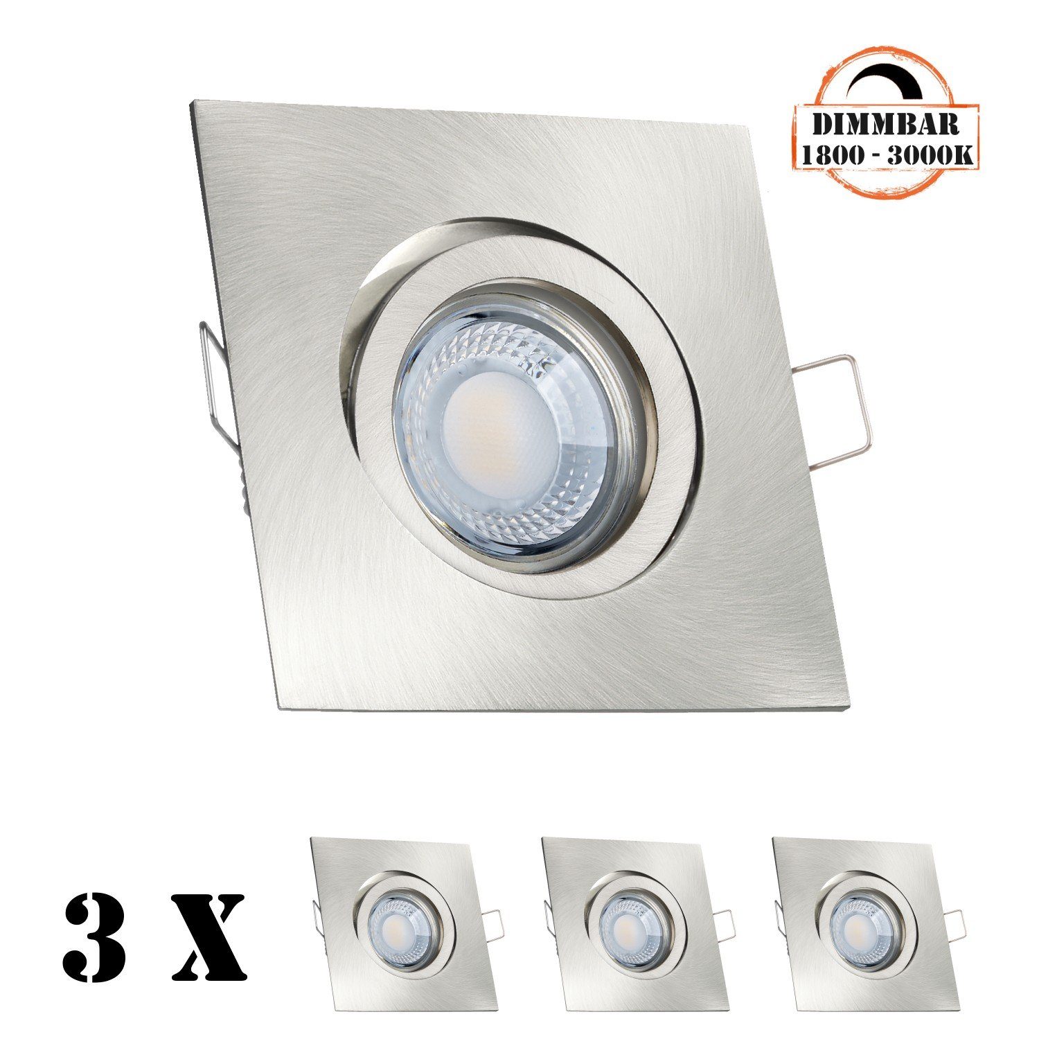 LEDANDO LED Einbaustrahler 3er LED Einbaustrahler Set extra flach in edelstahl / silber gebürstet