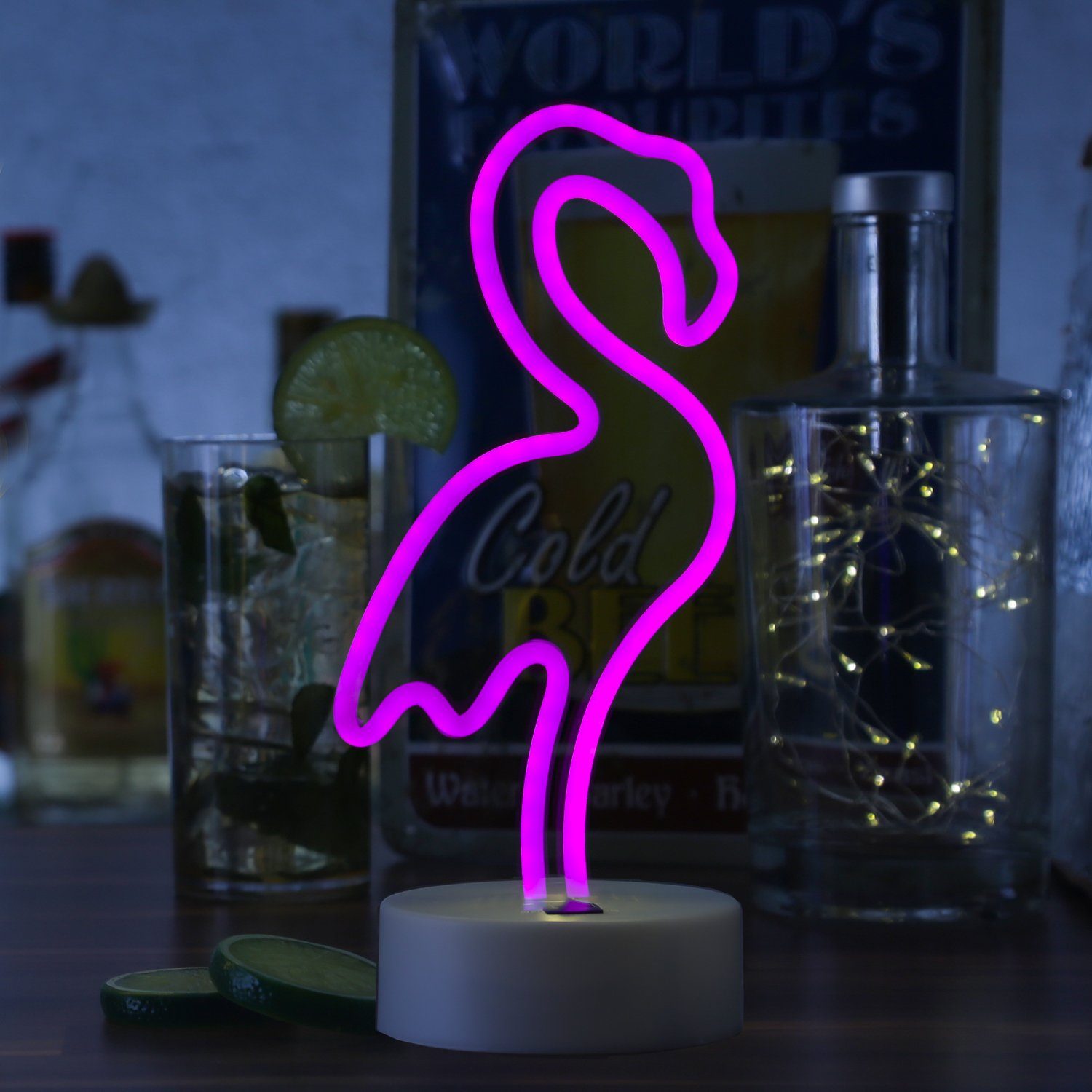 SATISFIRE LED Dekolicht LED NEON Figur FLAMINGO Neonlicht Schild Leuchtfigur Batterie USB 30cm, LED Classic, pink – Bild 3 von 5
