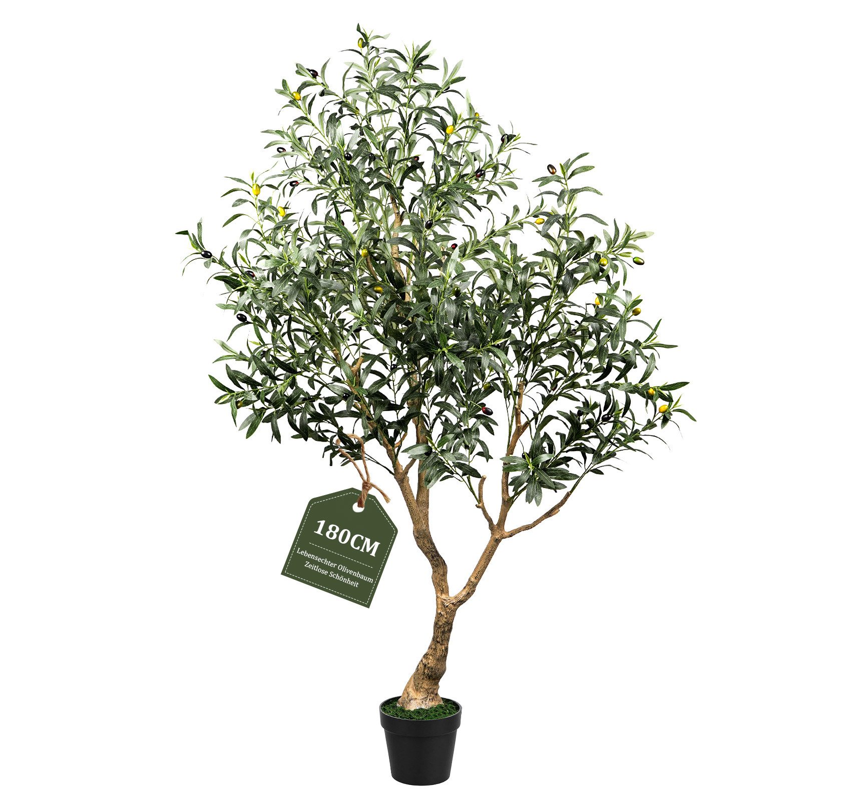 Kunstbaum Künstlicher Olivenbaum 180 cm–3 Stämme, Kunstpflanze mit 76 Früchten, adorbox, Höhe 180 cm, pflegefreie Dekopflanze für Innenräume, Wohnzimmer Schlafzimmer Büro