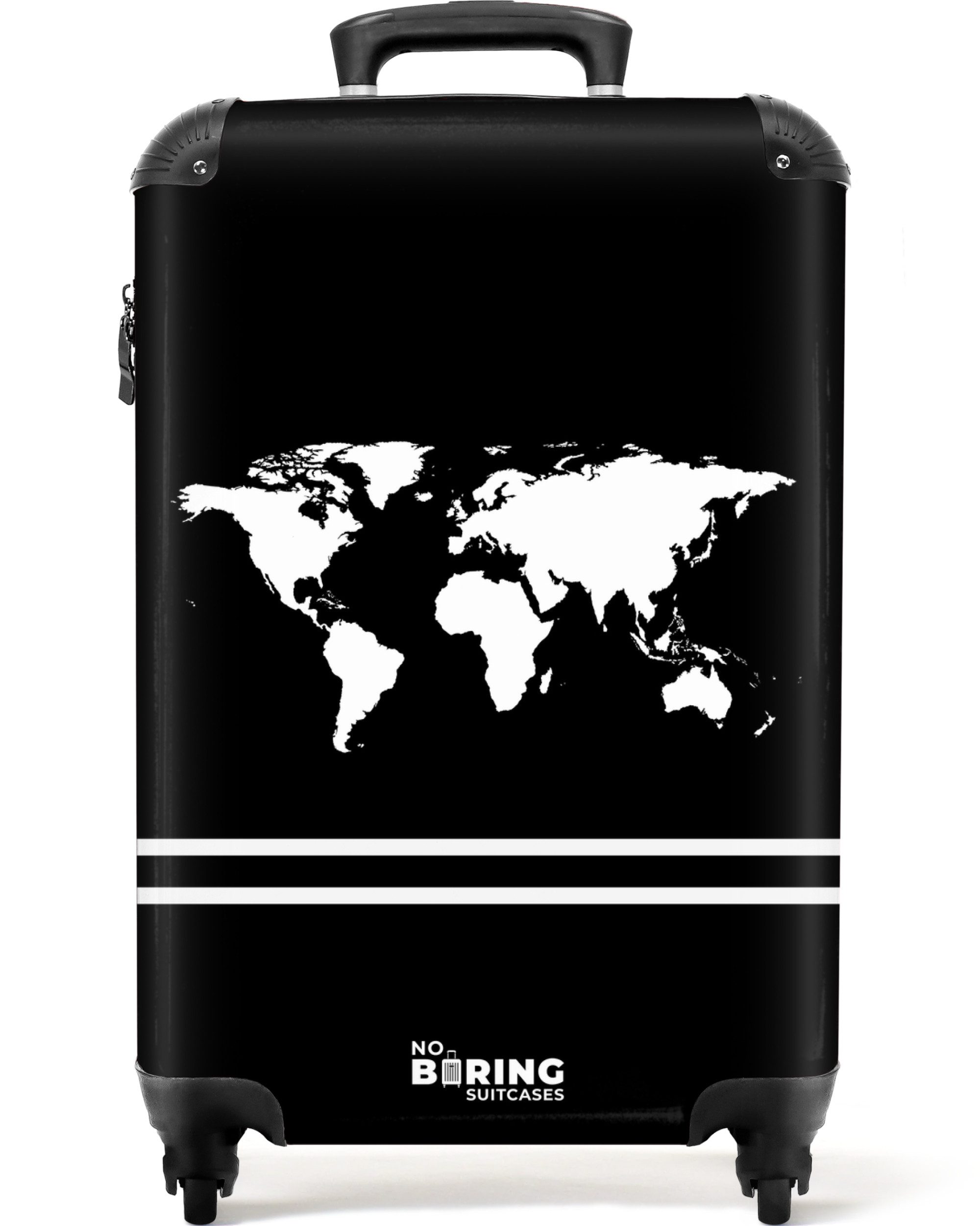 NoBoringSuitcases.com© Hartschalen-Trolley Schwarzer Hintergrund mit weißer Weltkarte und Doppelstreifen am unter, Reisetasche mit Rollen, Koffer Handgepäck Flugzeug