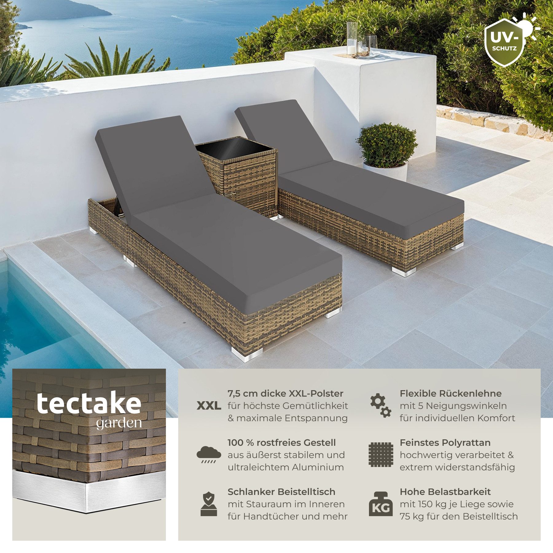 tectake Gartenliege 2er Set Rattan Sonnenliegen, günstig online kaufen